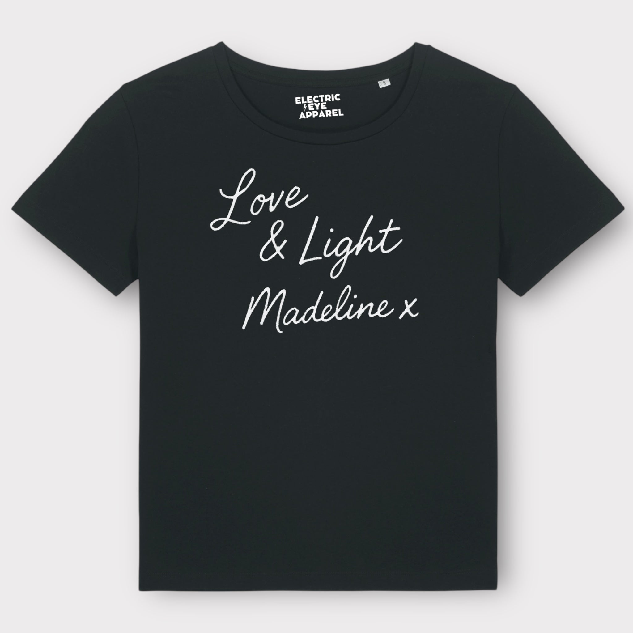 'LOVE & LIGHT MADELINE X' embroidered premium organic women's 'Serena' t-shirt inspired by Lily Allen