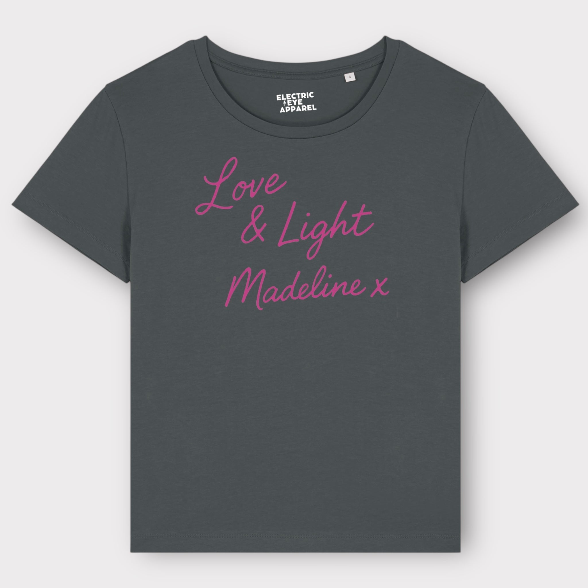 'LOVE & LIGHT MADELINE X' embroidered premium organic women's 'Serena' t-shirt inspired by Lily Allen