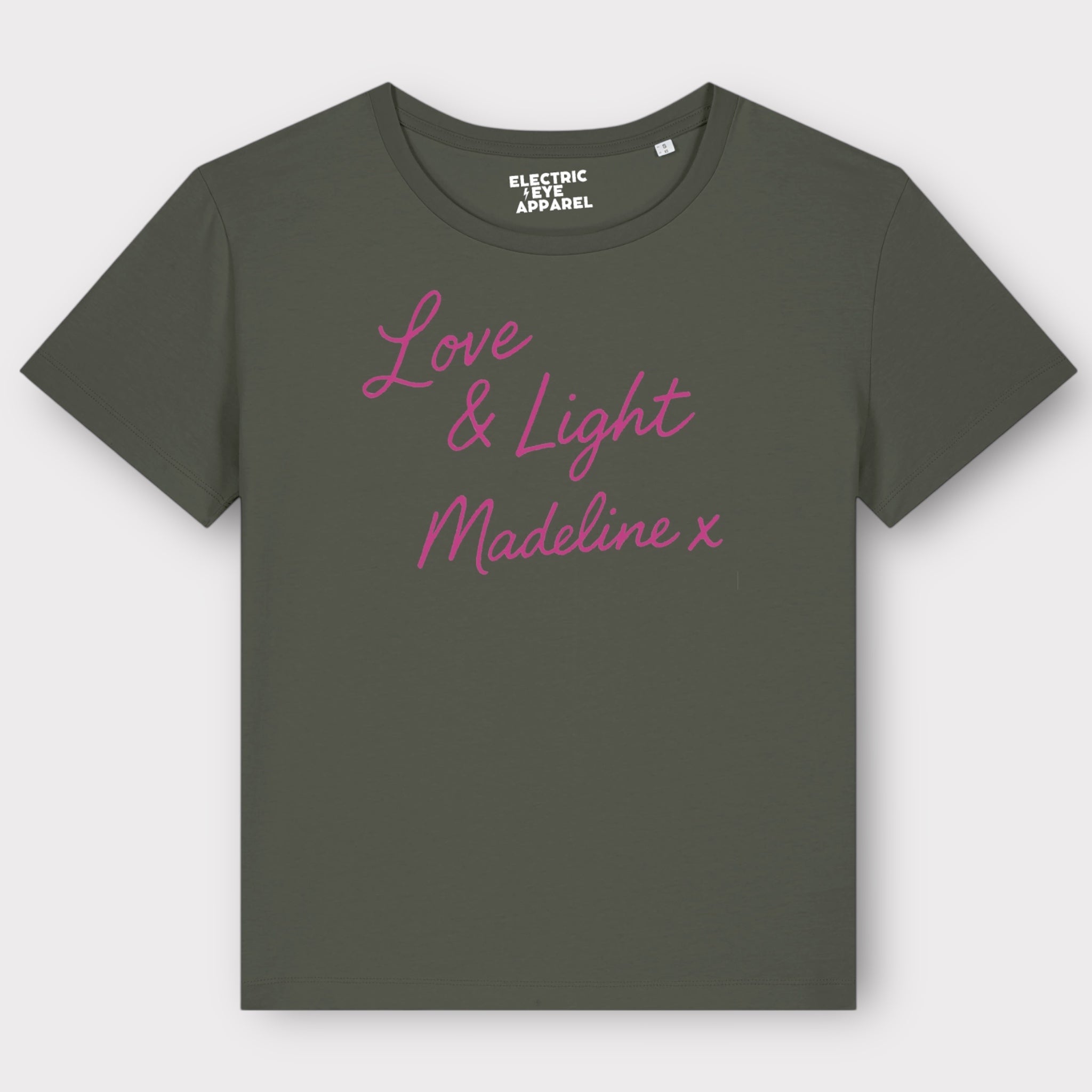 'LOVE & LIGHT MADELINE X' embroidered premium organic women's 'Serena' t-shirt inspired by Lily Allen