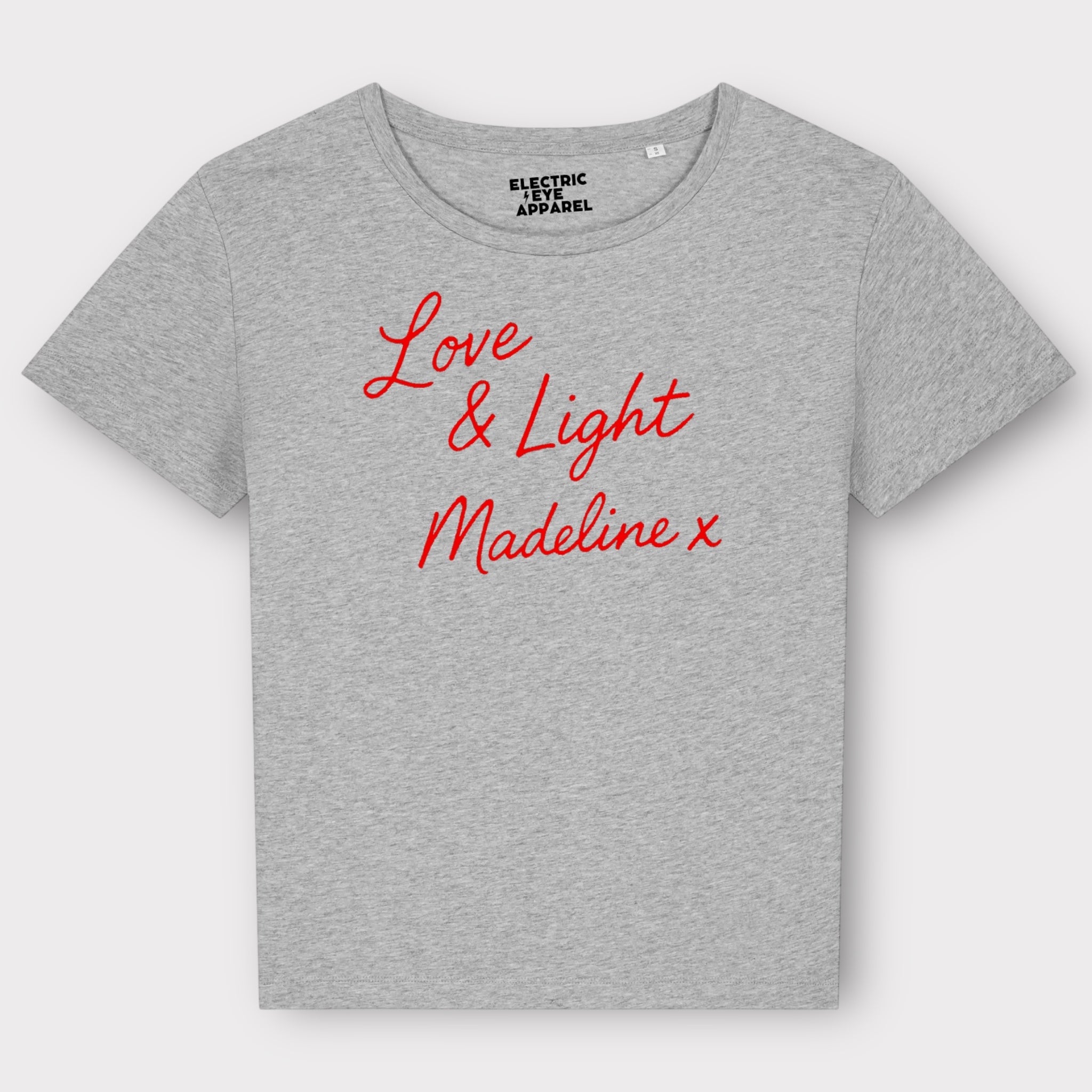 'LOVE & LIGHT MADELINE X' embroidered premium organic women's 'Serena' t-shirt inspired by Lily Allen