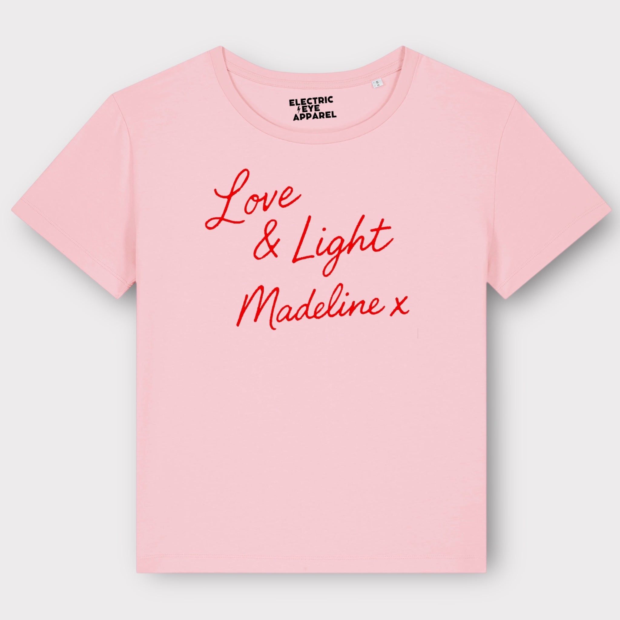 'LOVE & LIGHT MADELINE X' embroidered premium organic women's 'Serena' t-shirt inspired by Lily Allen