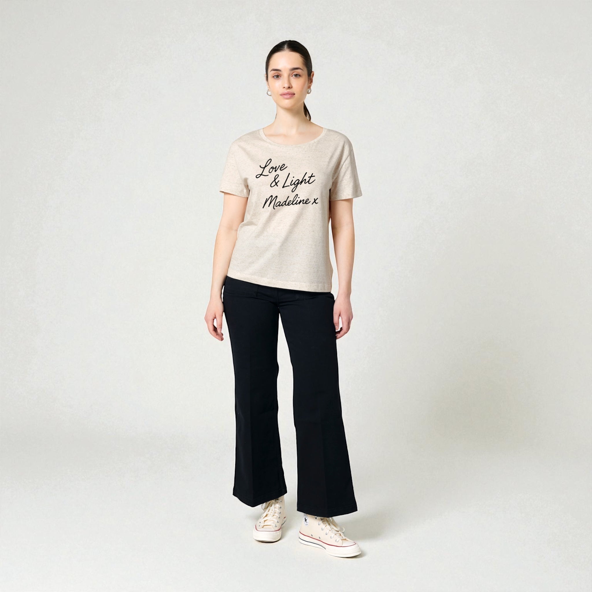 'LOVE & LIGHT MADELINE X' embroidered premium organic women's 'Serena' t-shirt inspired by Lily Allen