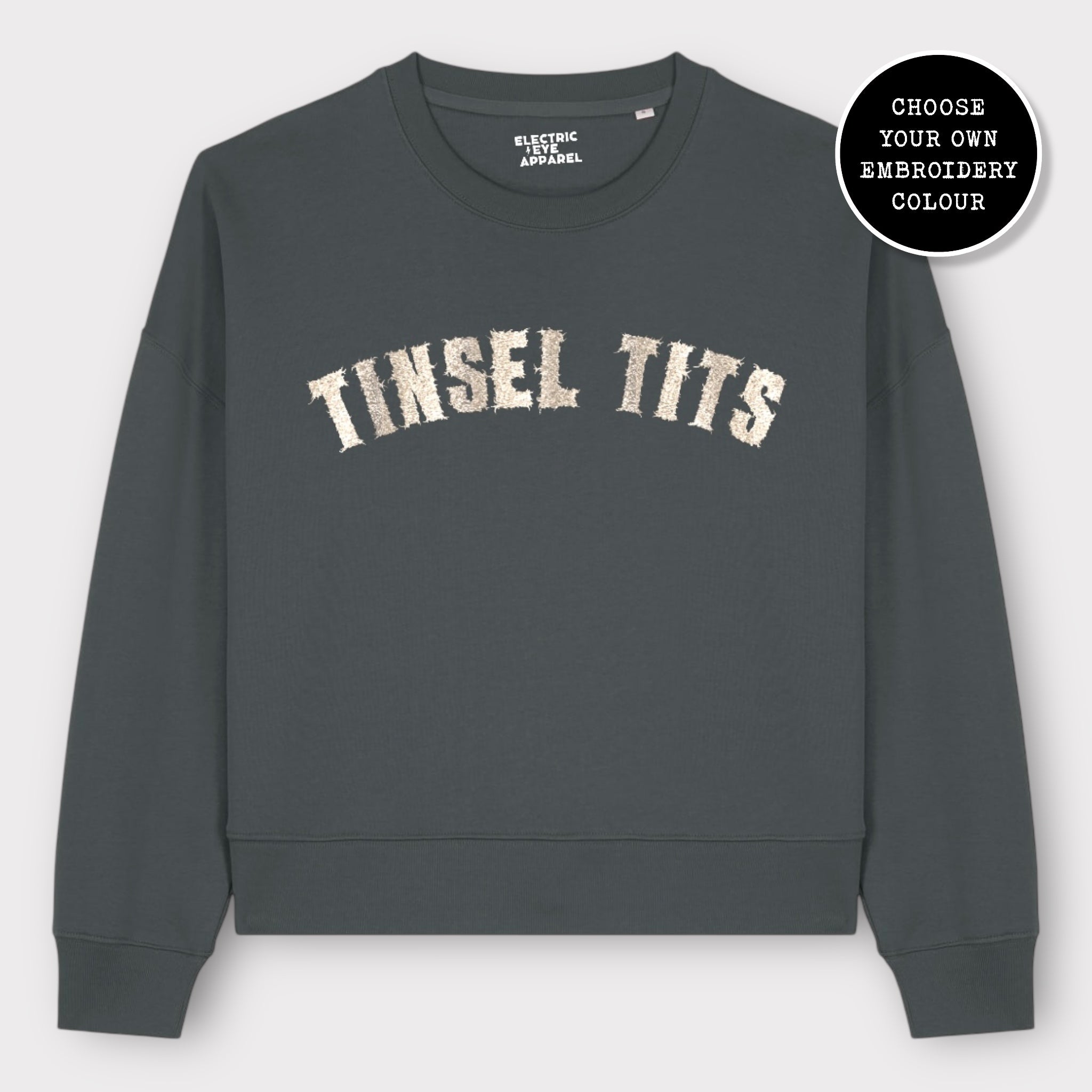 'TINSEL TITS' embroidered organic women's dropped shoulder 'alma' Christmas sweatshirt