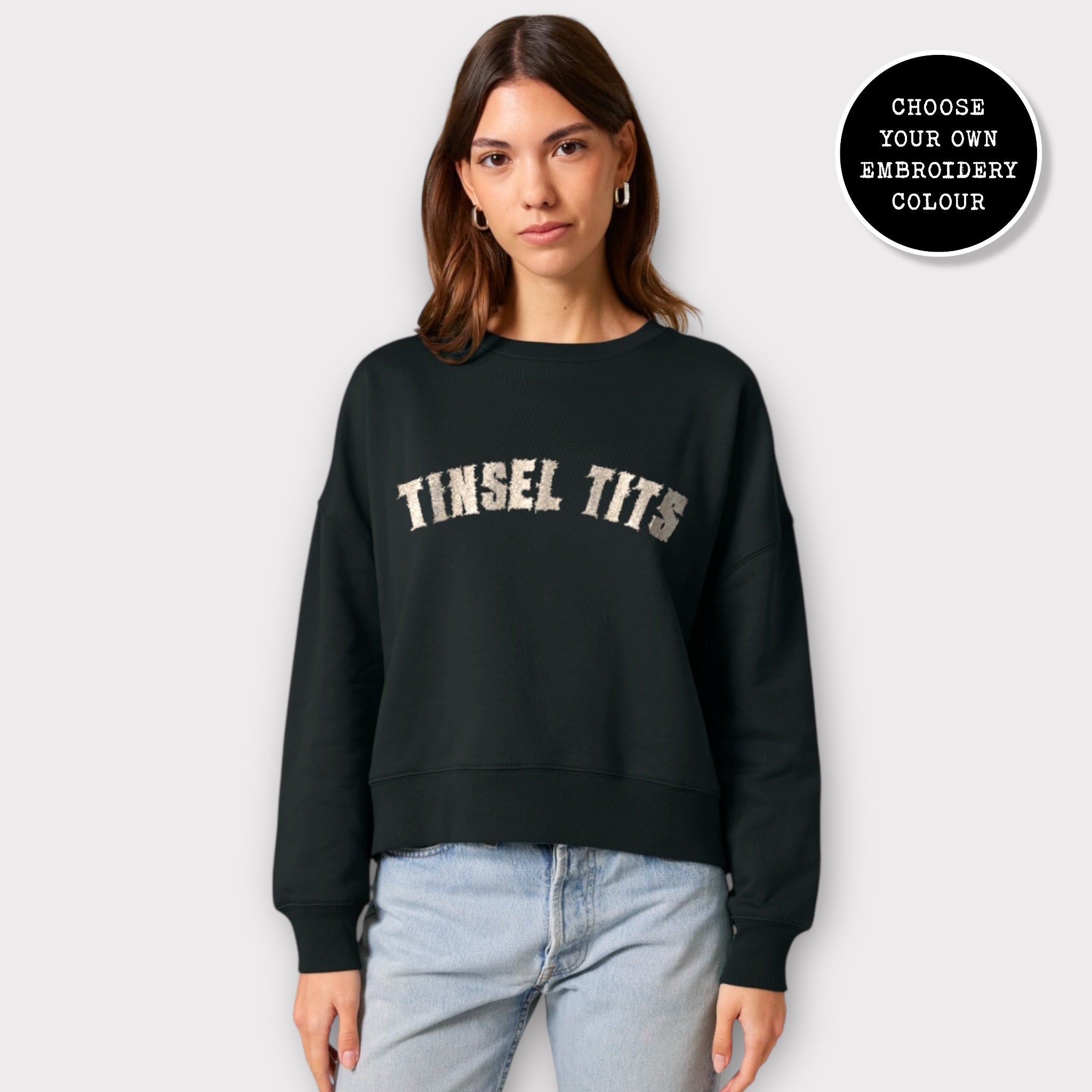 'TINSEL TITS' embroidered organic women's dropped shoulder 'alma' Christmas sweatshirt
