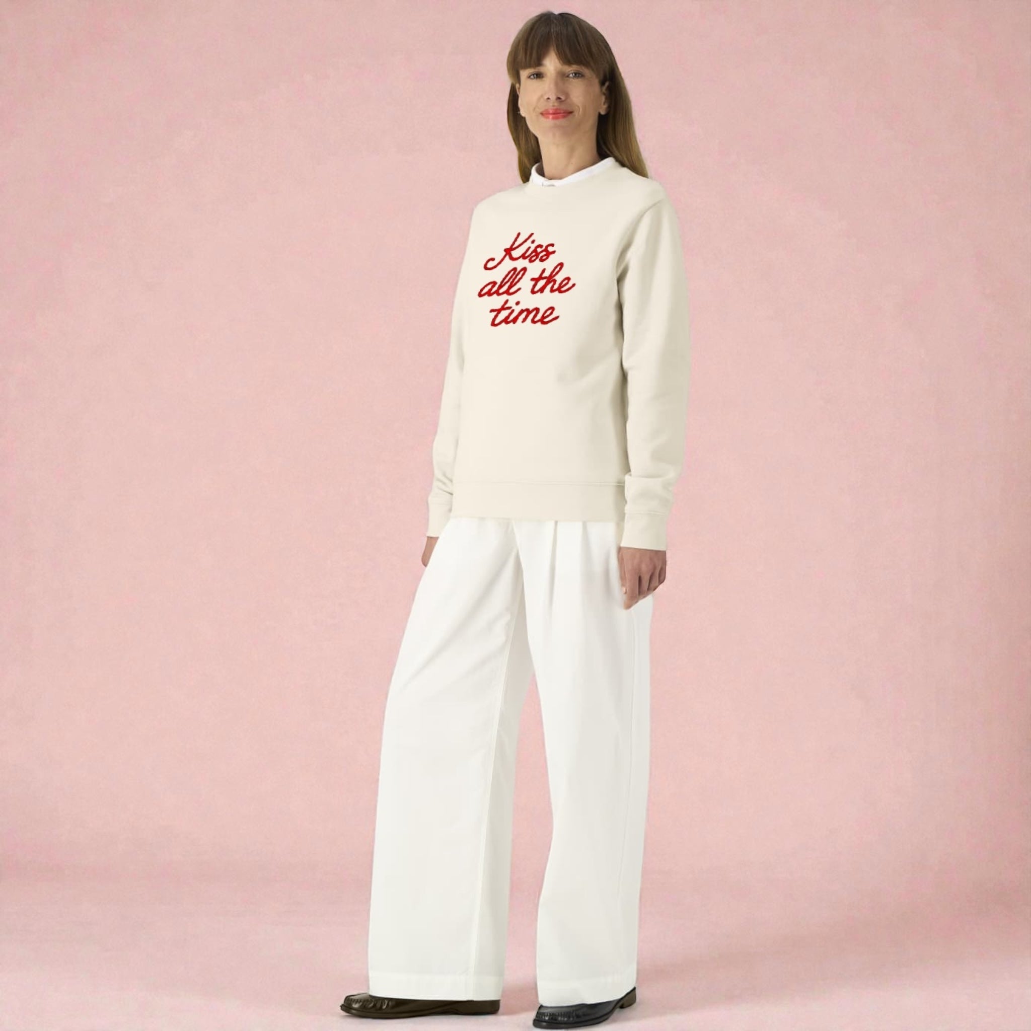 'KISS ALL THE TIME' embroidered organic cotton women's 'Thinker' sweatshirt - extended sizing XS-6XL