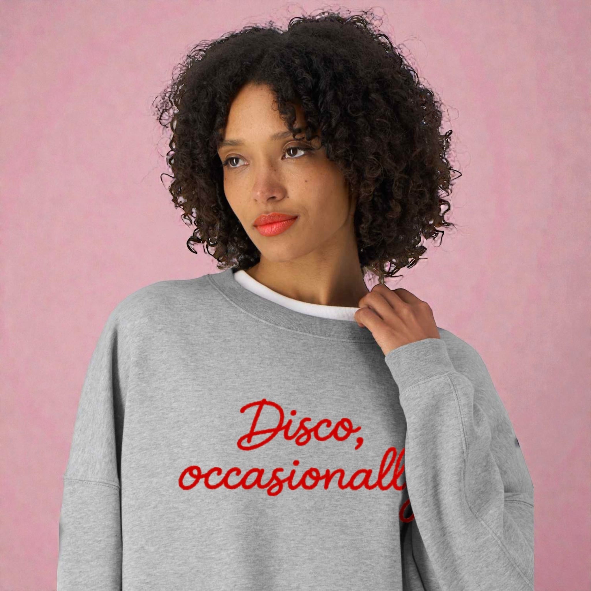 'DISCO, OCCASIONALLY' embroidered organic cotton women's 'Lianna' sweatshirt