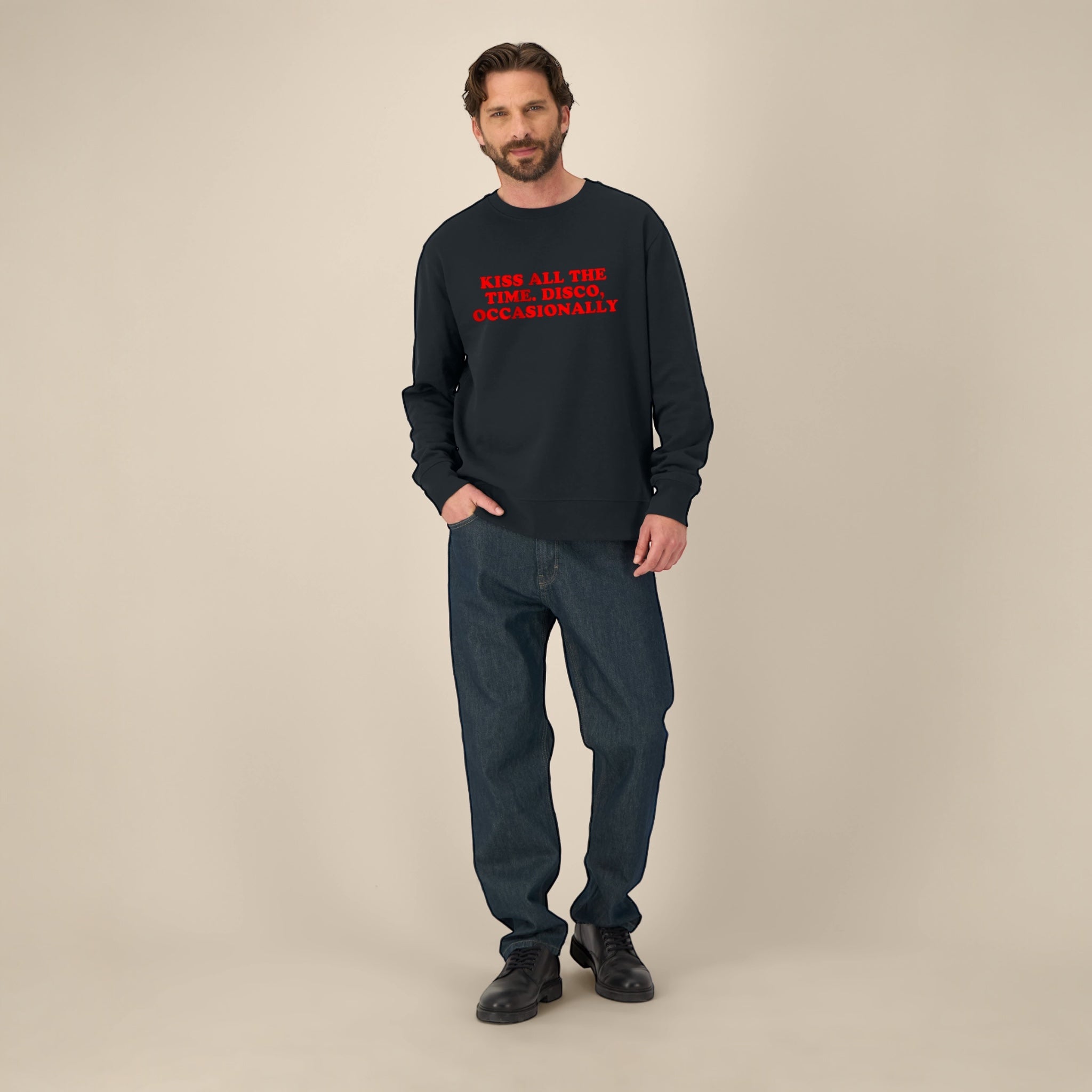 Unisex 'KISS ALL THE TIME. DISCO, OCCASIONALLY' embroidered organic cotton 'Thinker' sweatshirt - extended sizing XXS-6XL