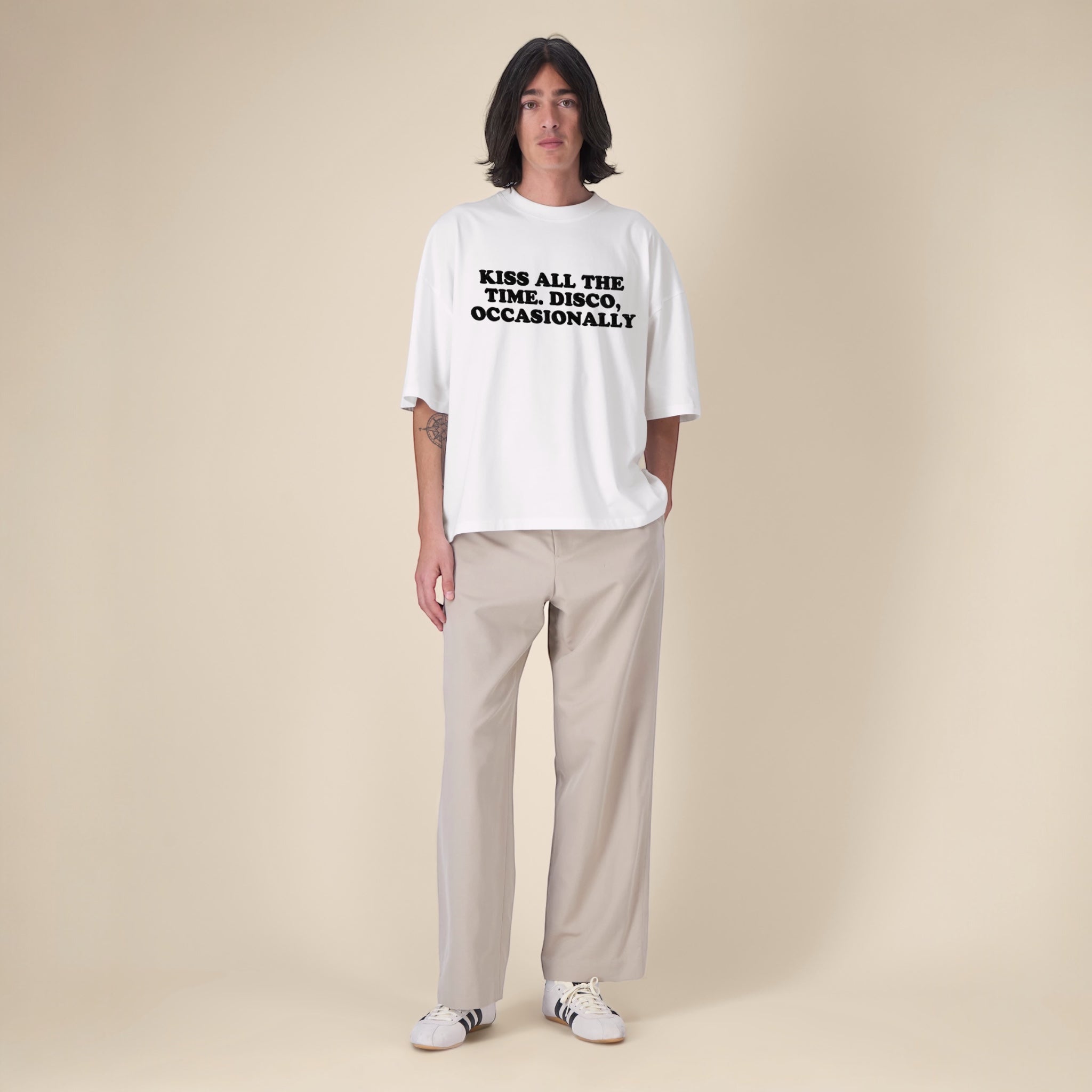 Unisex 'KISS ALL THE TIME. DISCO, OCCASIONALLY' embroidered organic cotton boxy 'Hypster' t-shirt