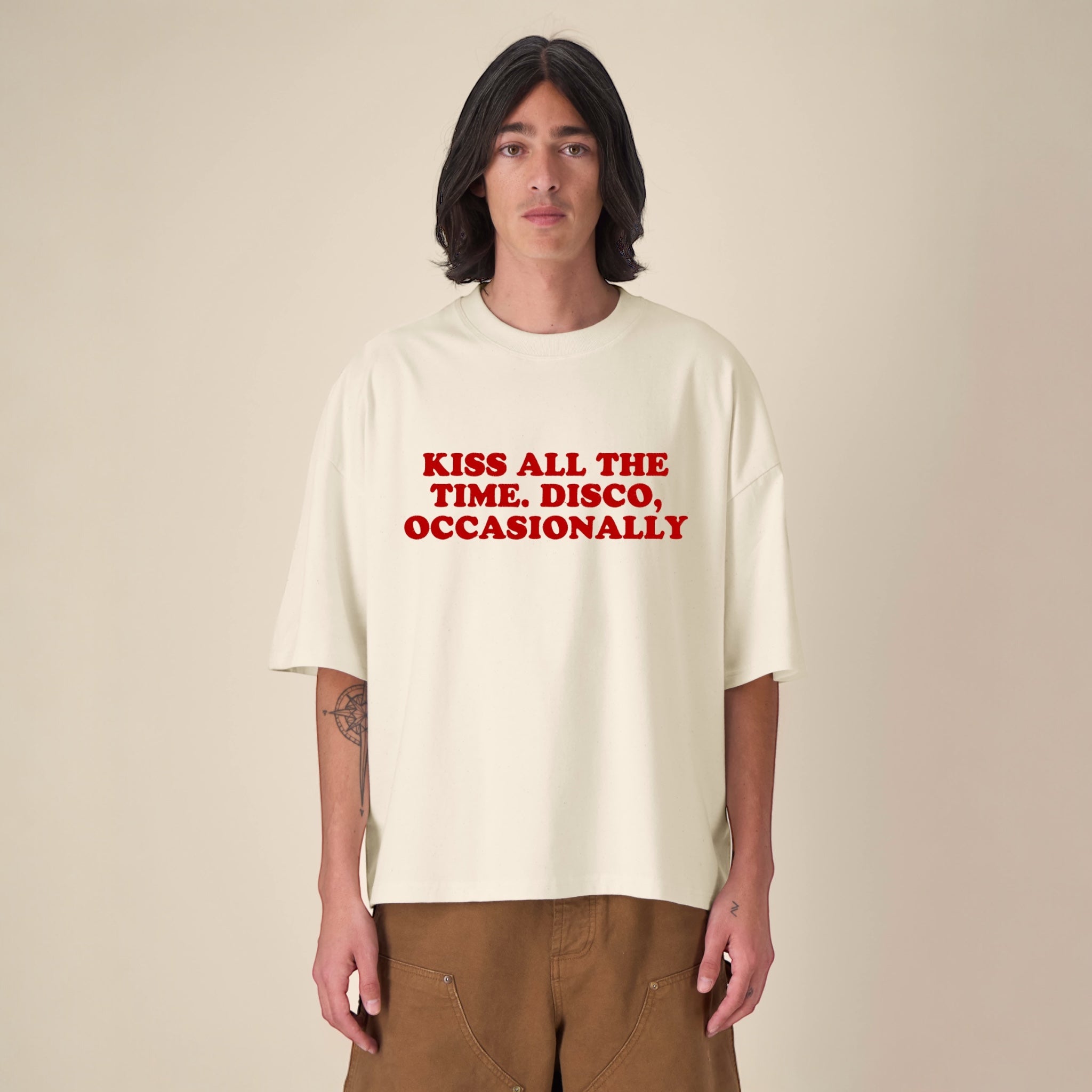 Unisex 'KISS ALL THE TIME. DISCO, OCCASIONALLY' embroidered organic cotton boxy 'Hypster' t-shirt
