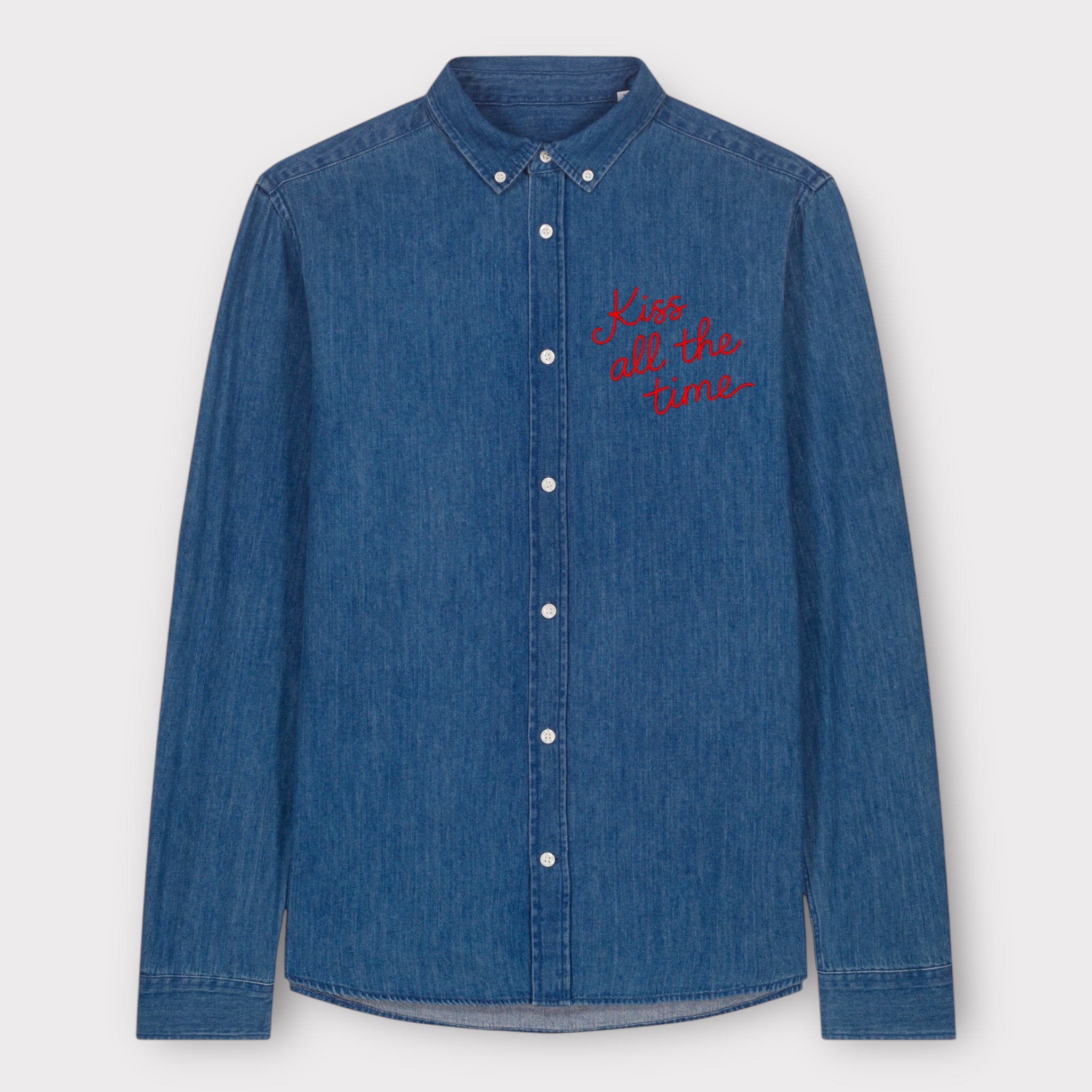 Unisex 'KISS ALL THE TIME' embroidered organic denim shirt - sizes XS-4XL