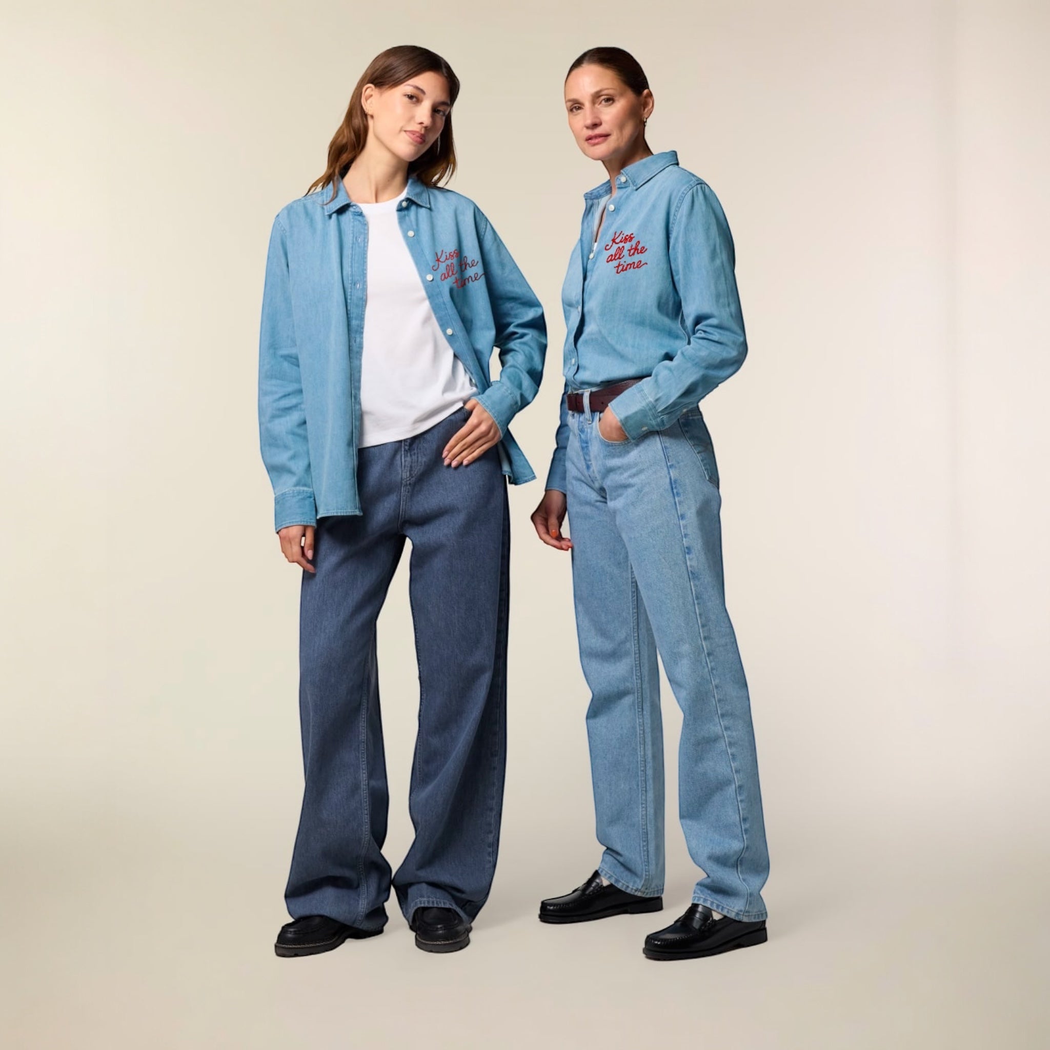 Unisex 'KISS ALL THE TIME' embroidered organic denim shirt - sizes XS-4XL