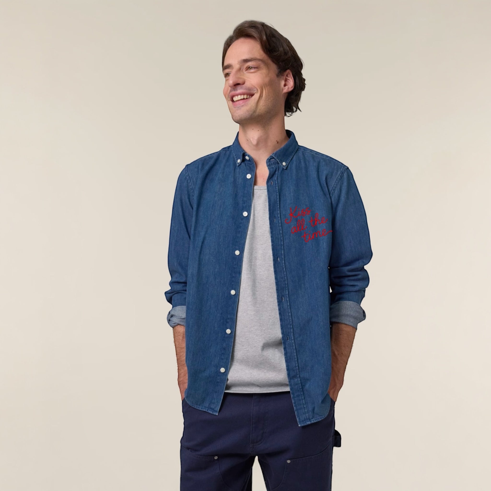 Unisex 'KISS ALL THE TIME' embroidered organic denim shirt - sizes XS-4XL