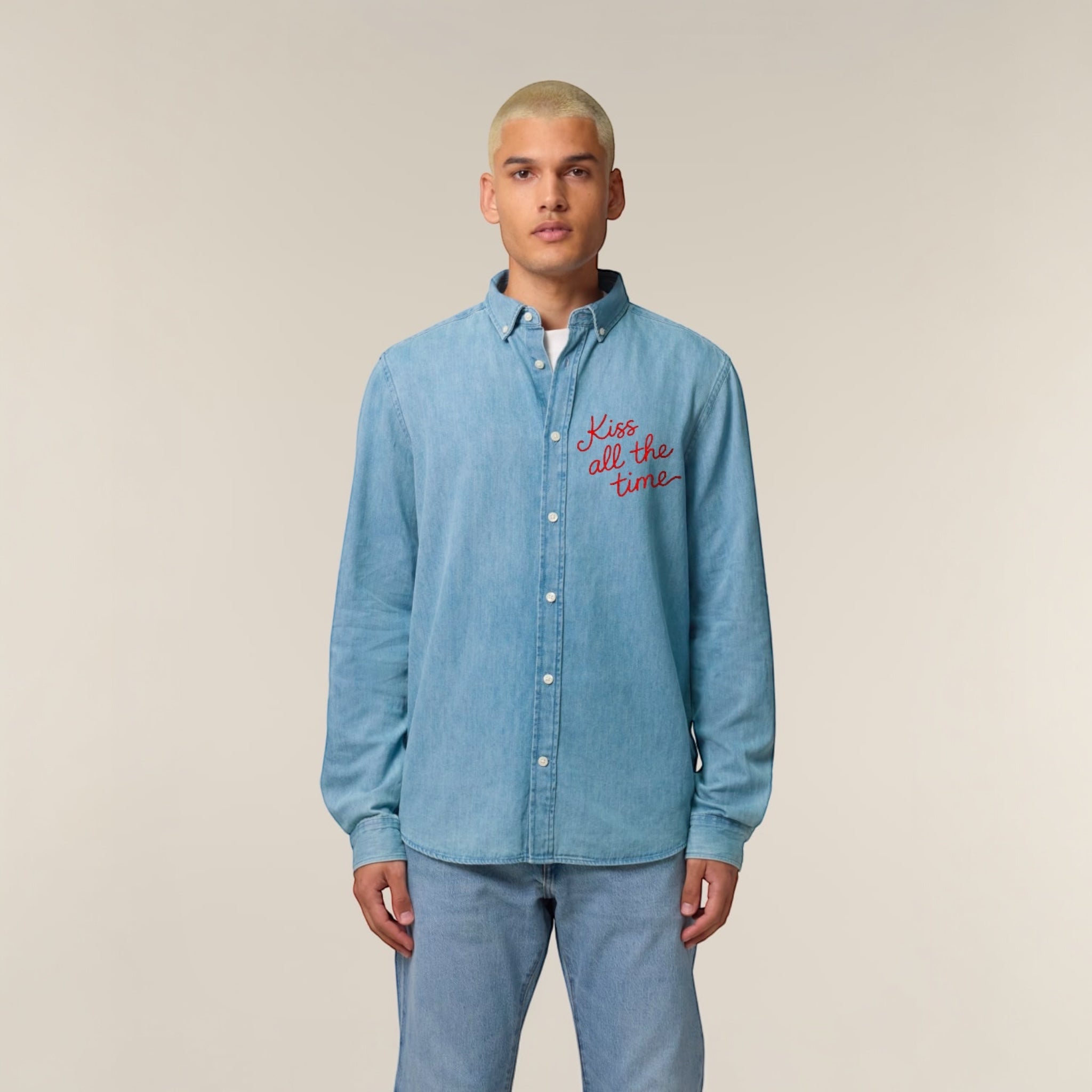 Unisex 'KISS ALL THE TIME' embroidered organic denim shirt - sizes XS-4XL