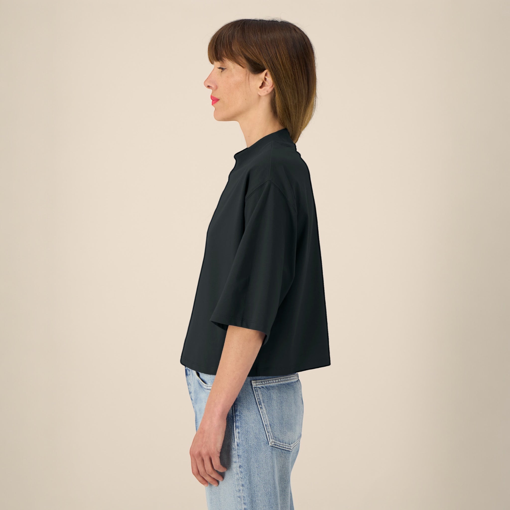 'NEVER TOO MUCH' embroidered premium organic cotton women's cropped boxy fit 'Raya' t-shirt