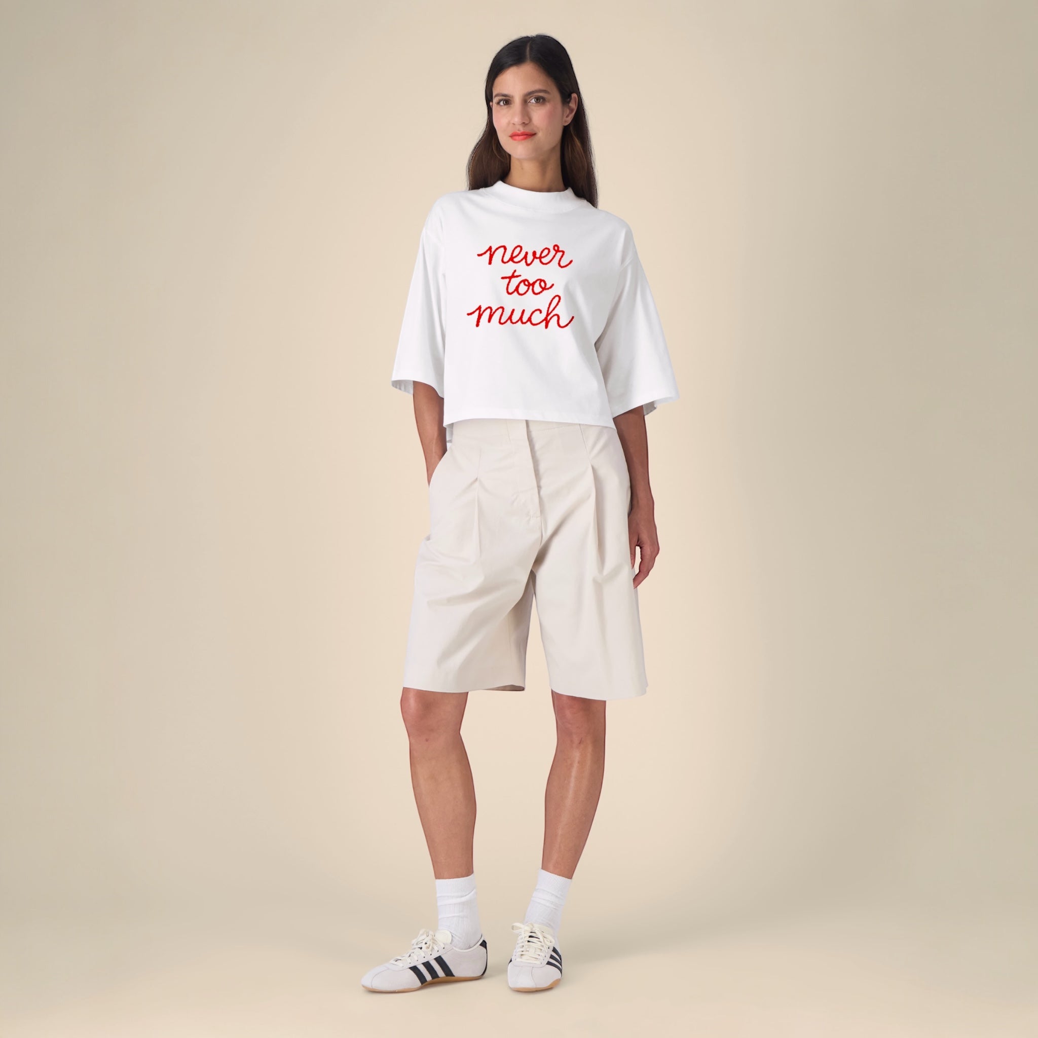 'NEVER TOO MUCH' embroidered premium organic cotton women's cropped boxy fit 'Raya' t-shirt