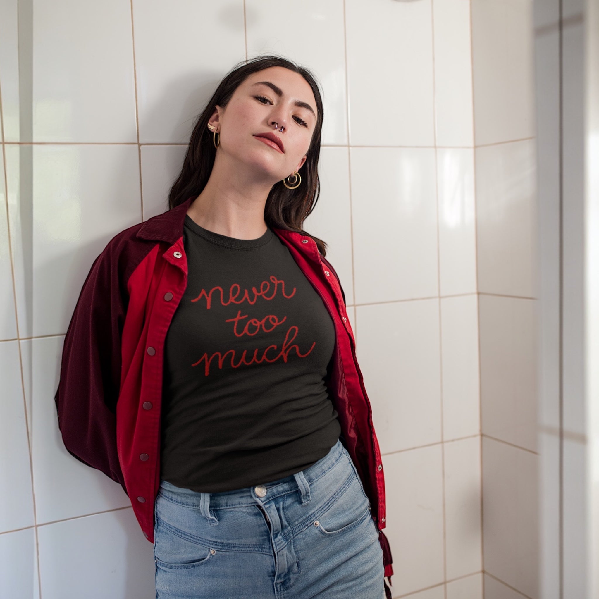 'NEVER TOO MUCH' embroidered premium organic women's classic fit 'Muser' t-shirt - sizes XS-4XL