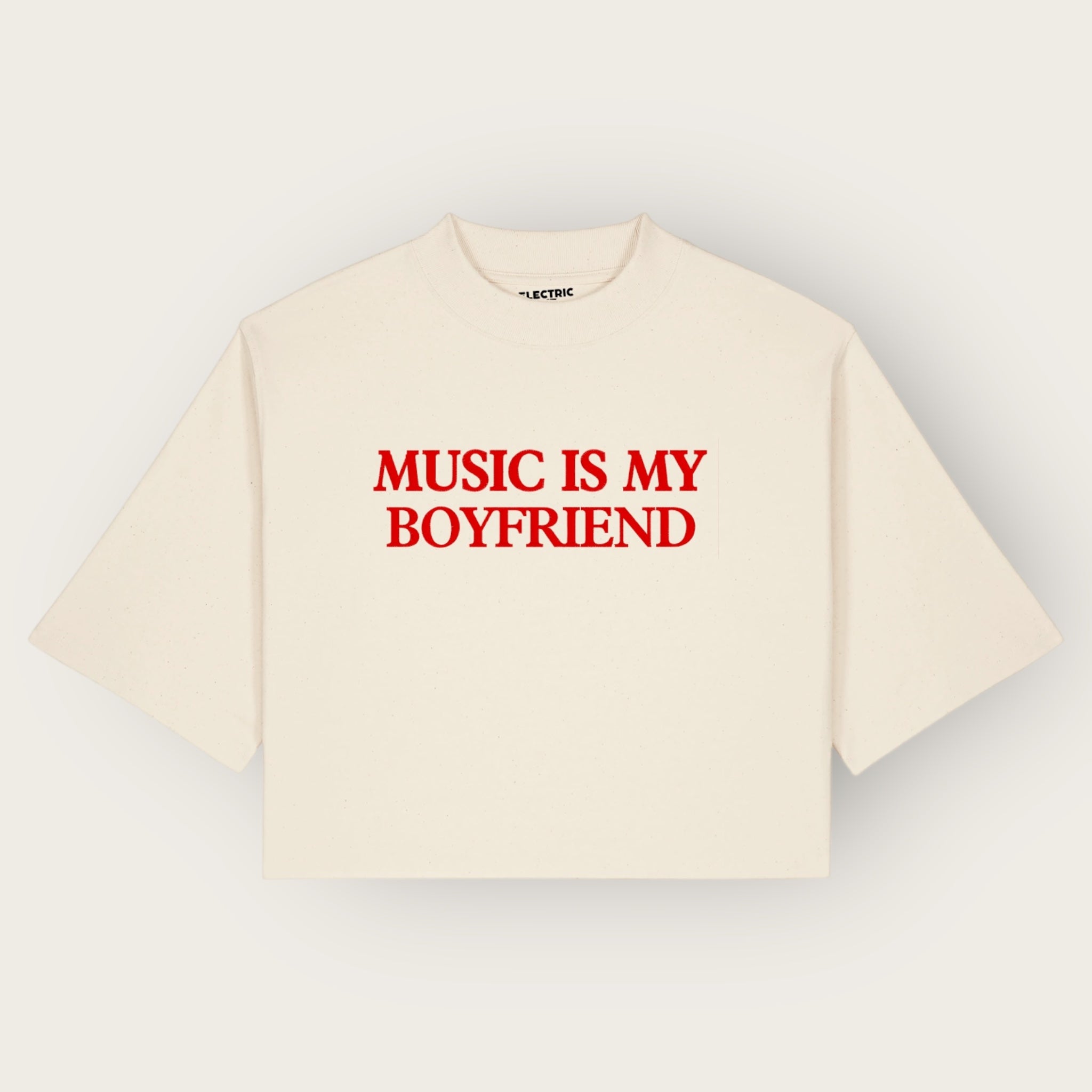 'MUSIC IS MY BOYFRIEND' embroidered premium organic cotton women's cropped boxy fit 'Raya' t-shirt