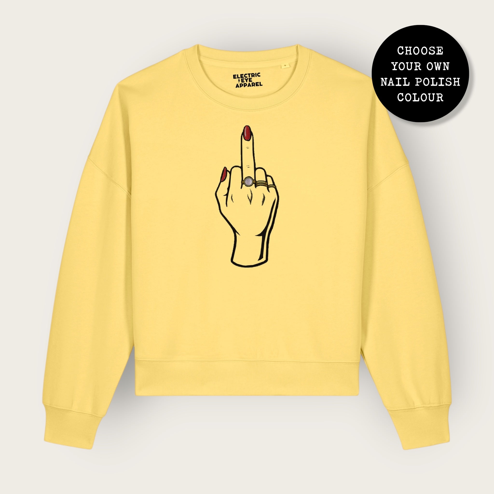 'MIDDLE FINGER' embroidered organic women's dropped shoulder 'Alma' sweatshirt - choose your own nail polish embroidery colour