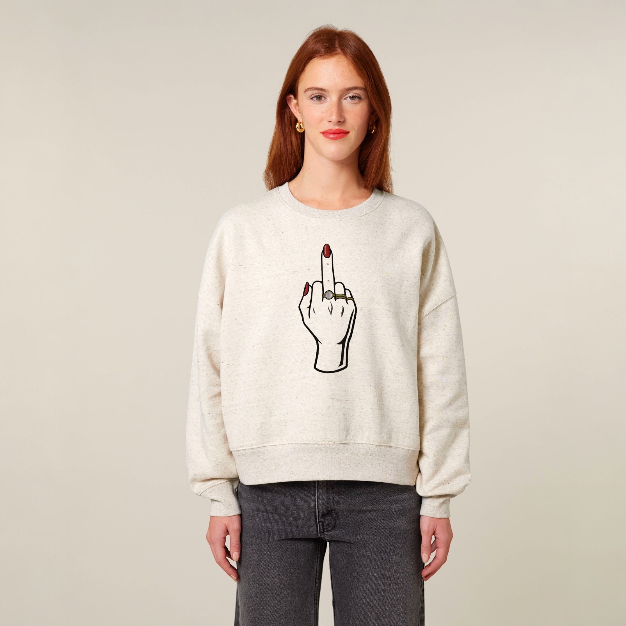 'MIDDLE FINGER' embroidered organic women's dropped shoulder 'Alma' sweatshirt - choose your own nail polish embroidery colour