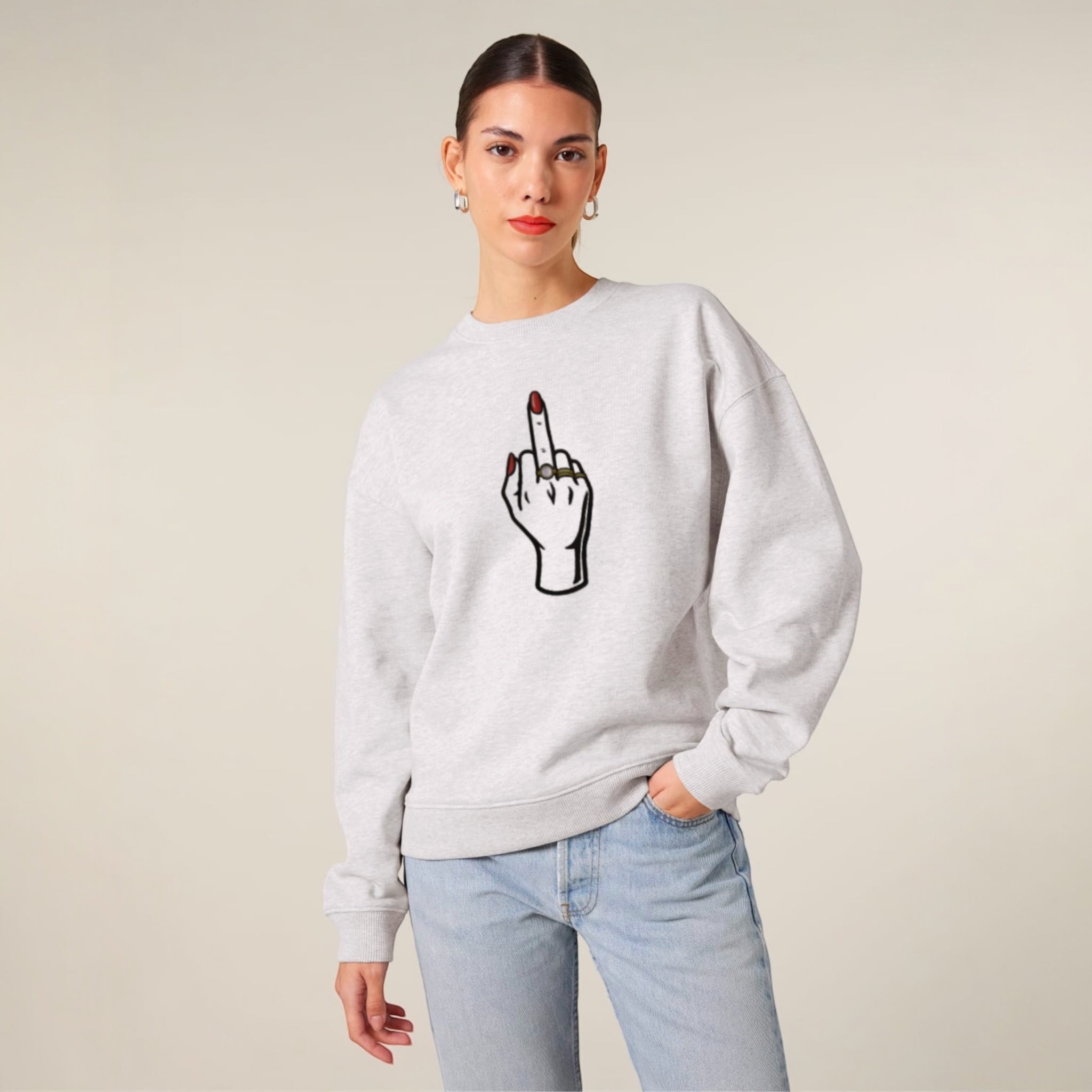 Unisex 'MIDDLE FINGER' embroidered organic 'Radder' sweatshirt sizes 2XS-3XL - choose your own nail polish embroidery colour