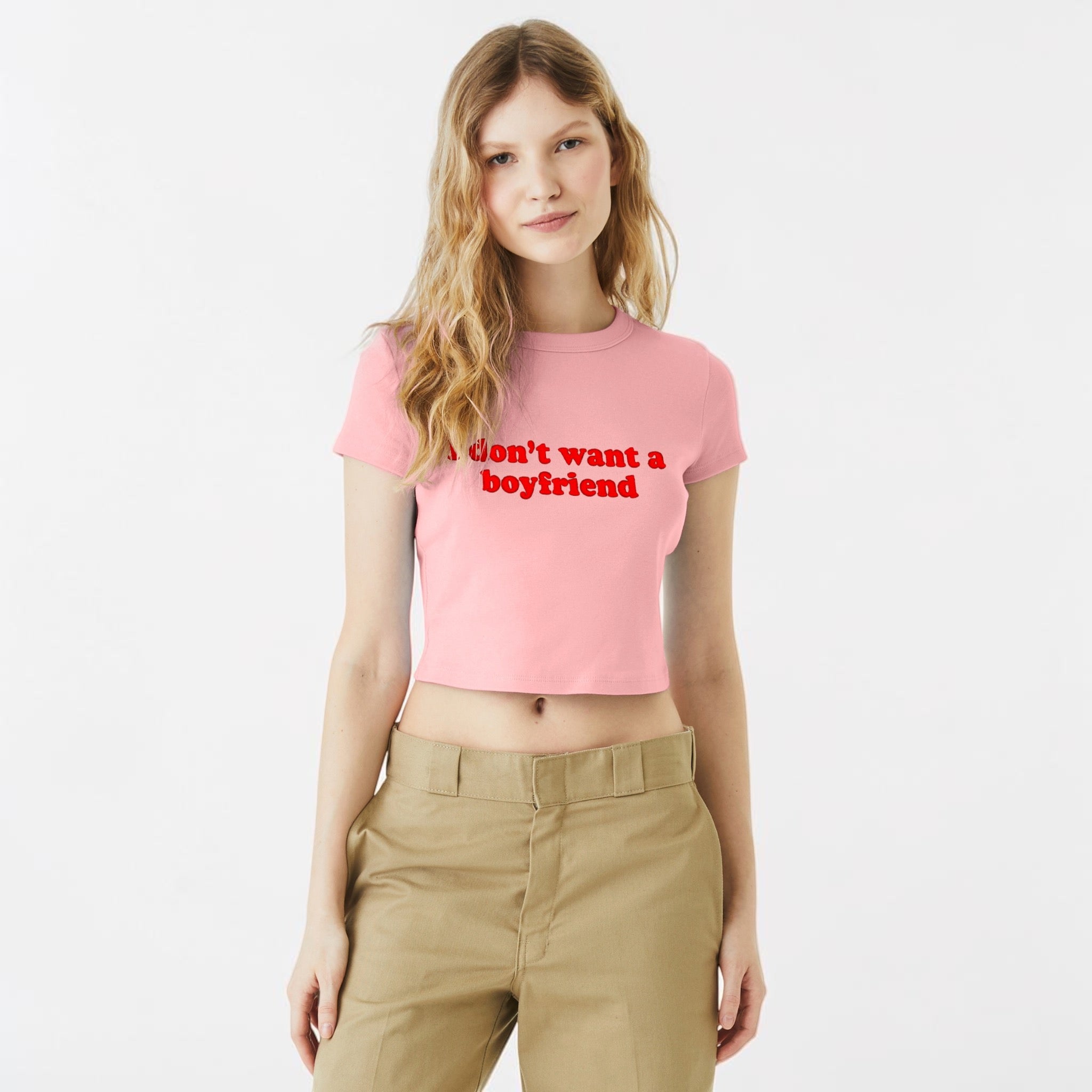 'I DON'T WANT A BOYFRIEND' embroidered Women's Micro Rib Baby T-shirt