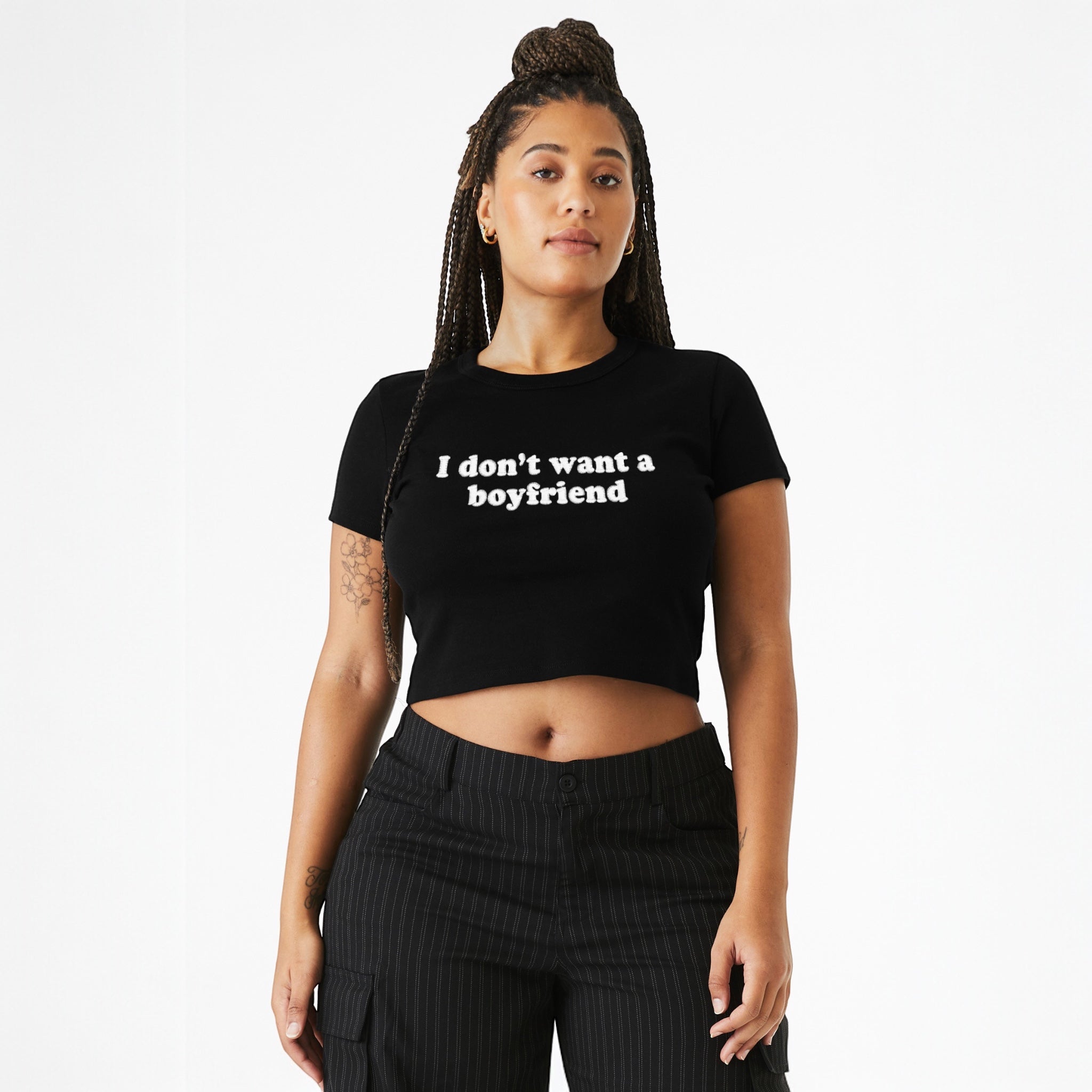 'I DON'T WANT A BOYFRIEND' embroidered Women's Micro Rib Baby T-shirt