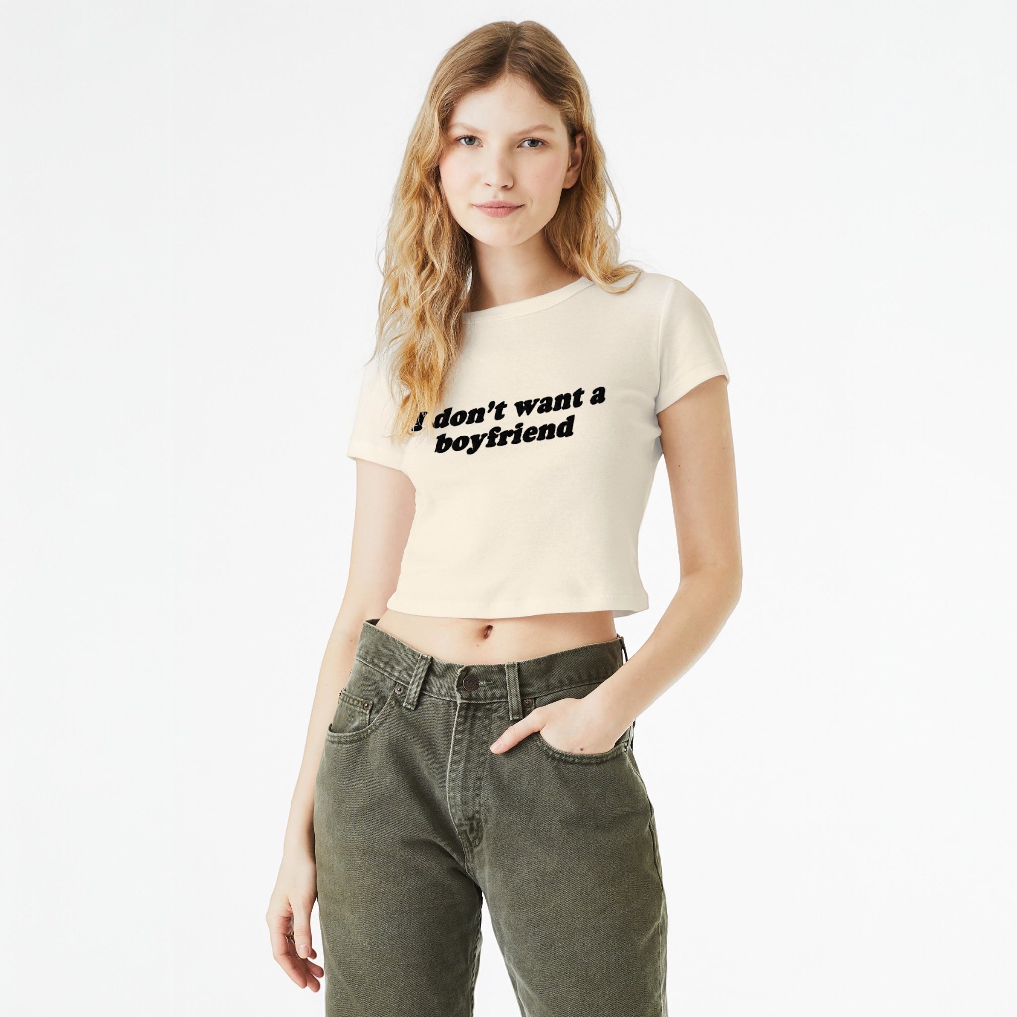 'I DON'T WANT A BOYFRIEND' embroidered Women's Micro Rib Baby T-shirt