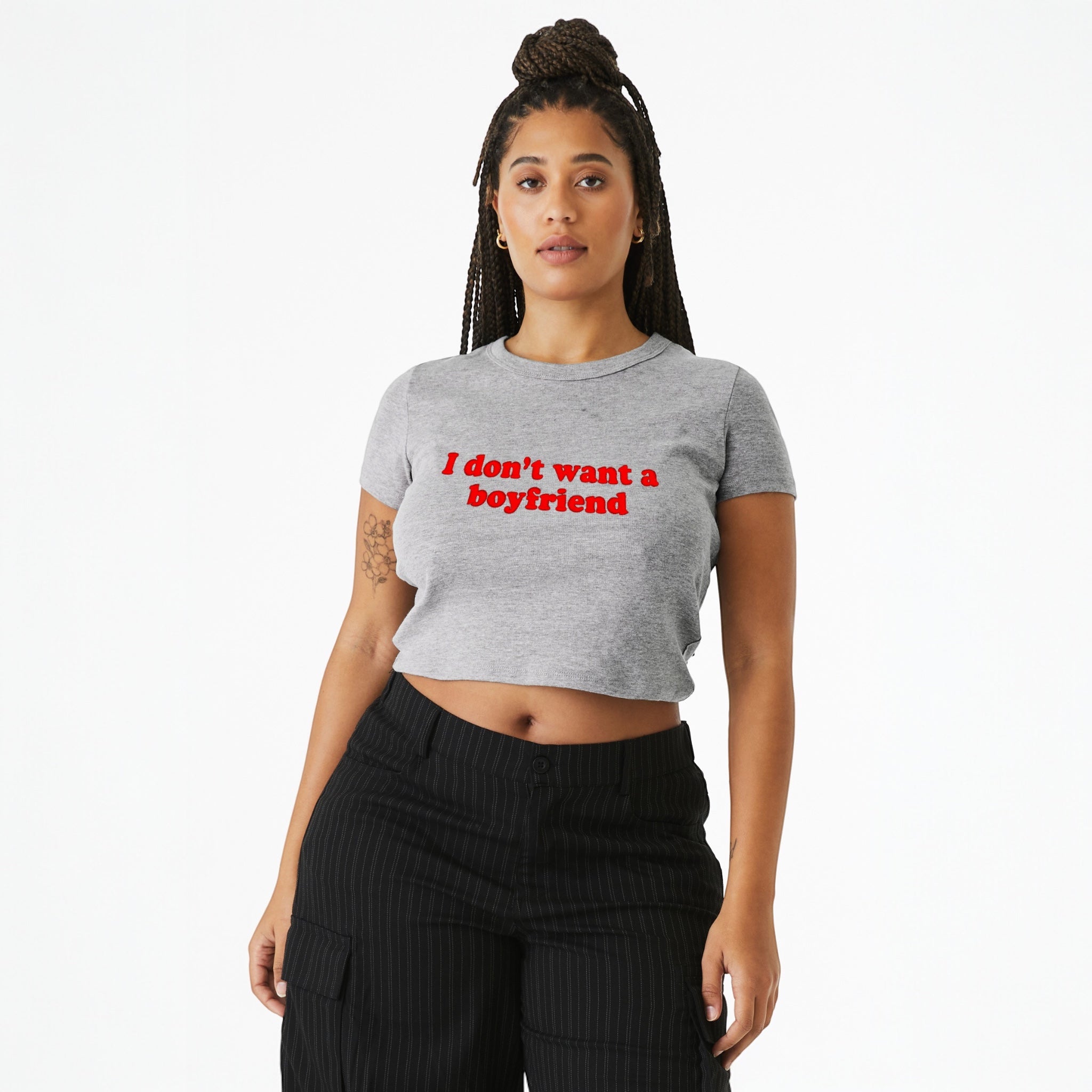 'I DON'T WANT A BOYFRIEND' embroidered Women's Micro Rib Baby T-shirt