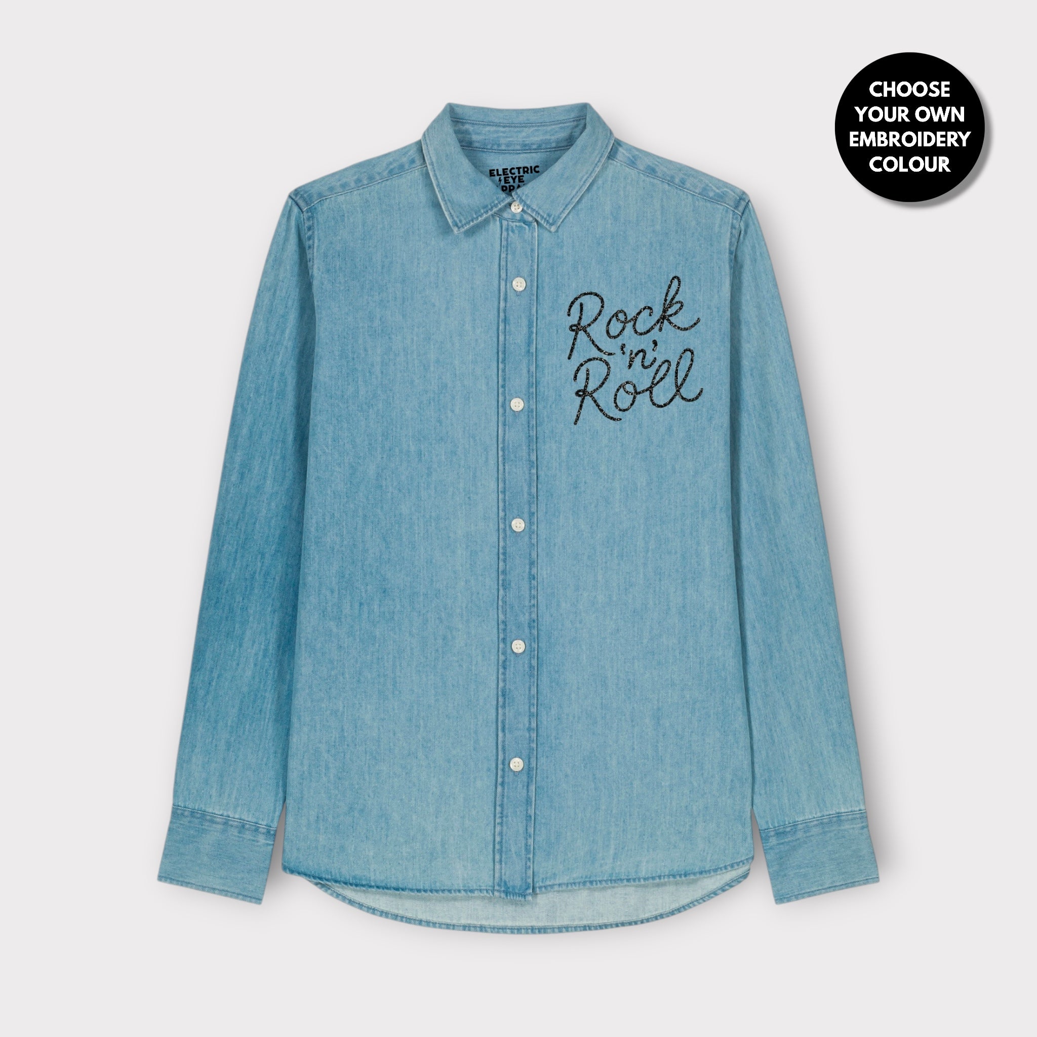 'ROCK 'N' ROLL' left chest embroidered women's organic denim shirt