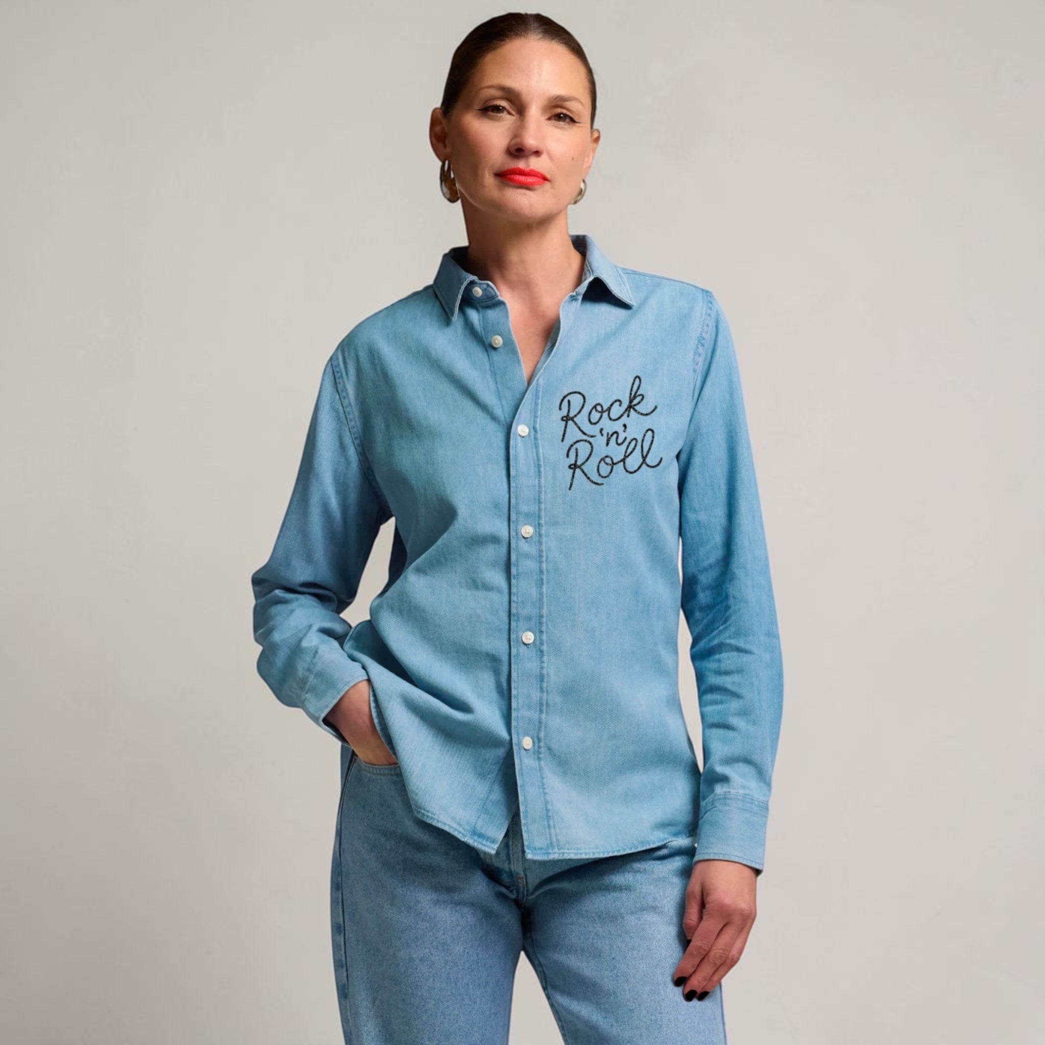 'ROCK 'N' ROLL' left chest embroidered women's organic denim shirt