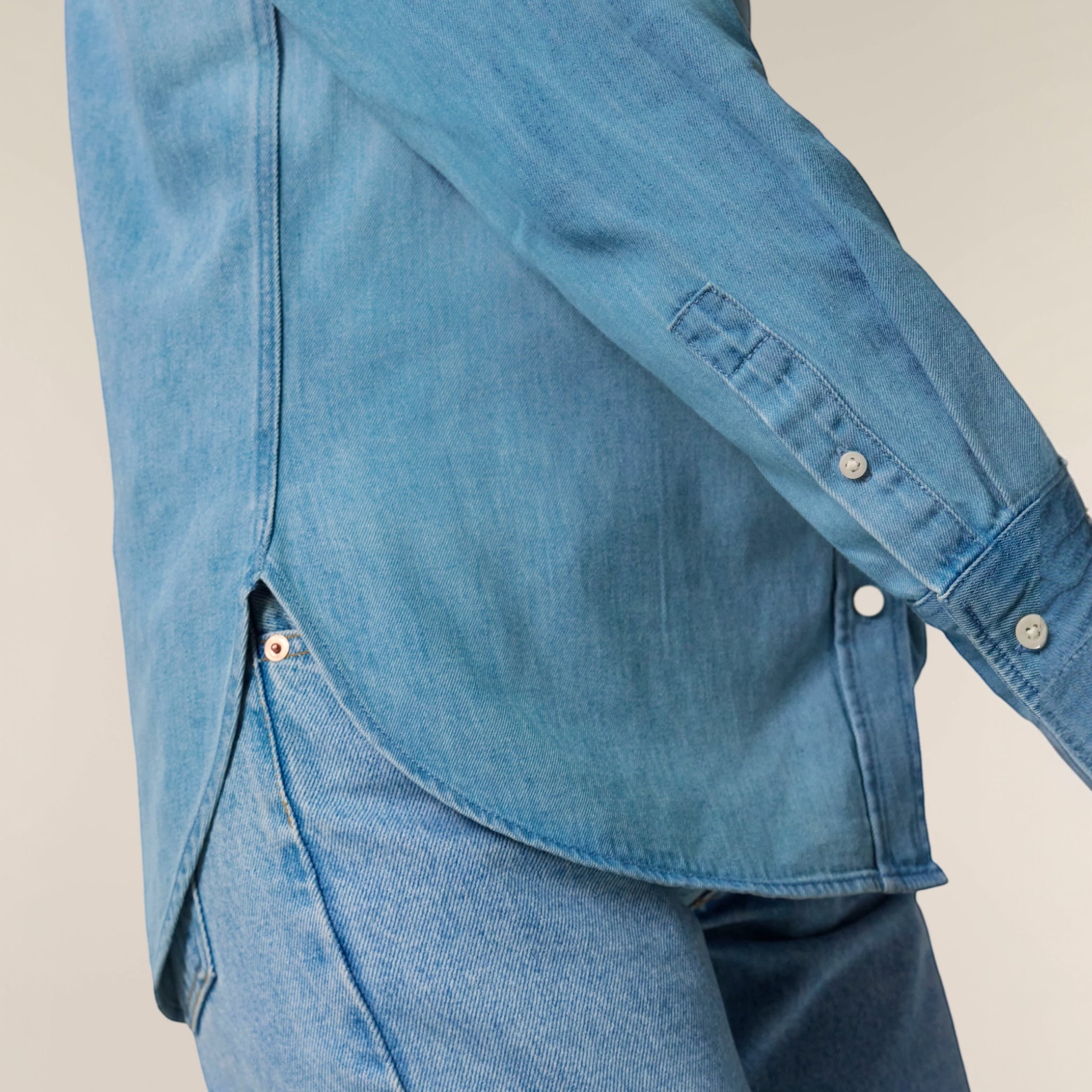'ROCK 'N' ROLL' left chest embroidered women's organic denim shirt