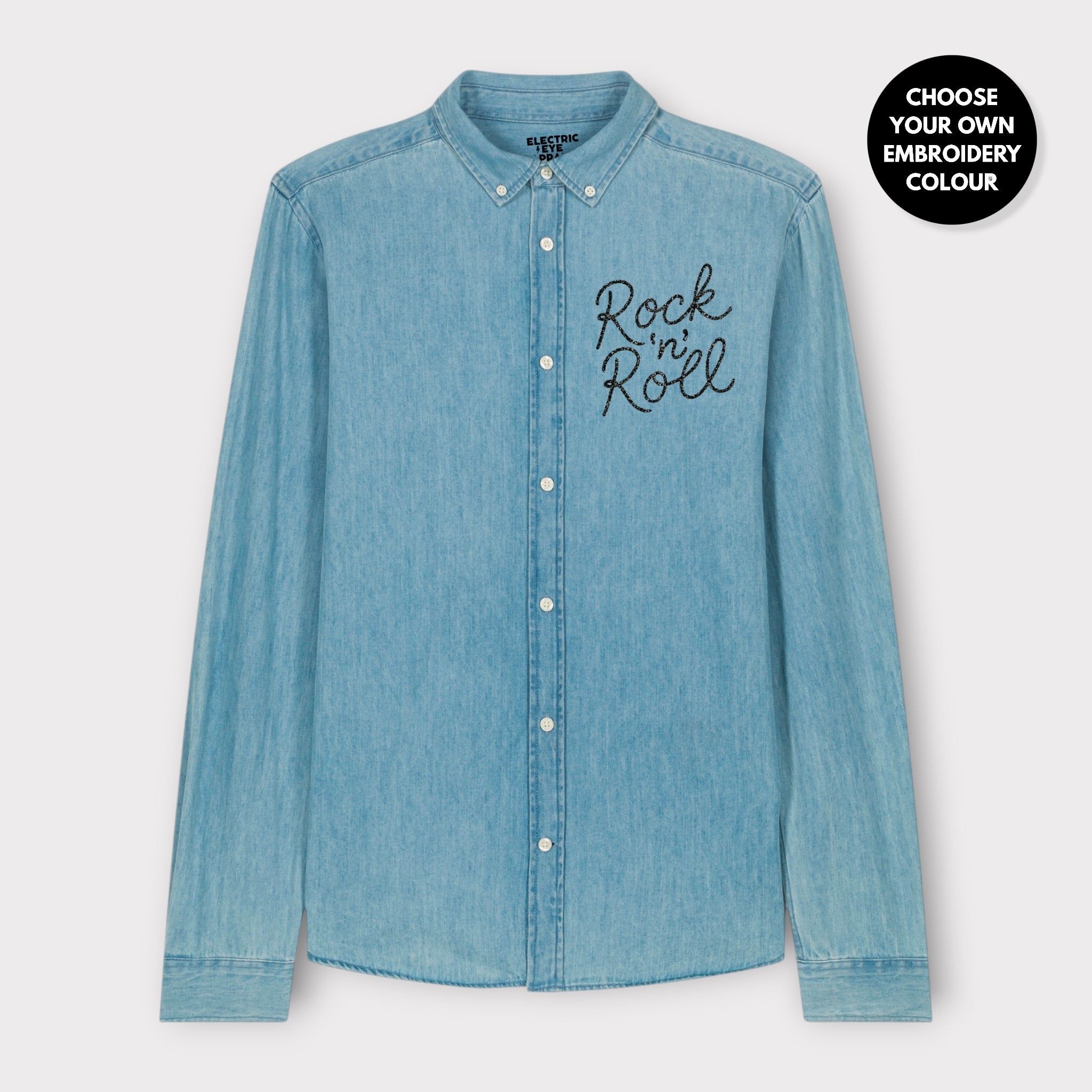 Men's 'ROCK 'N' ROLL' left chest embroidered organic denim shirt