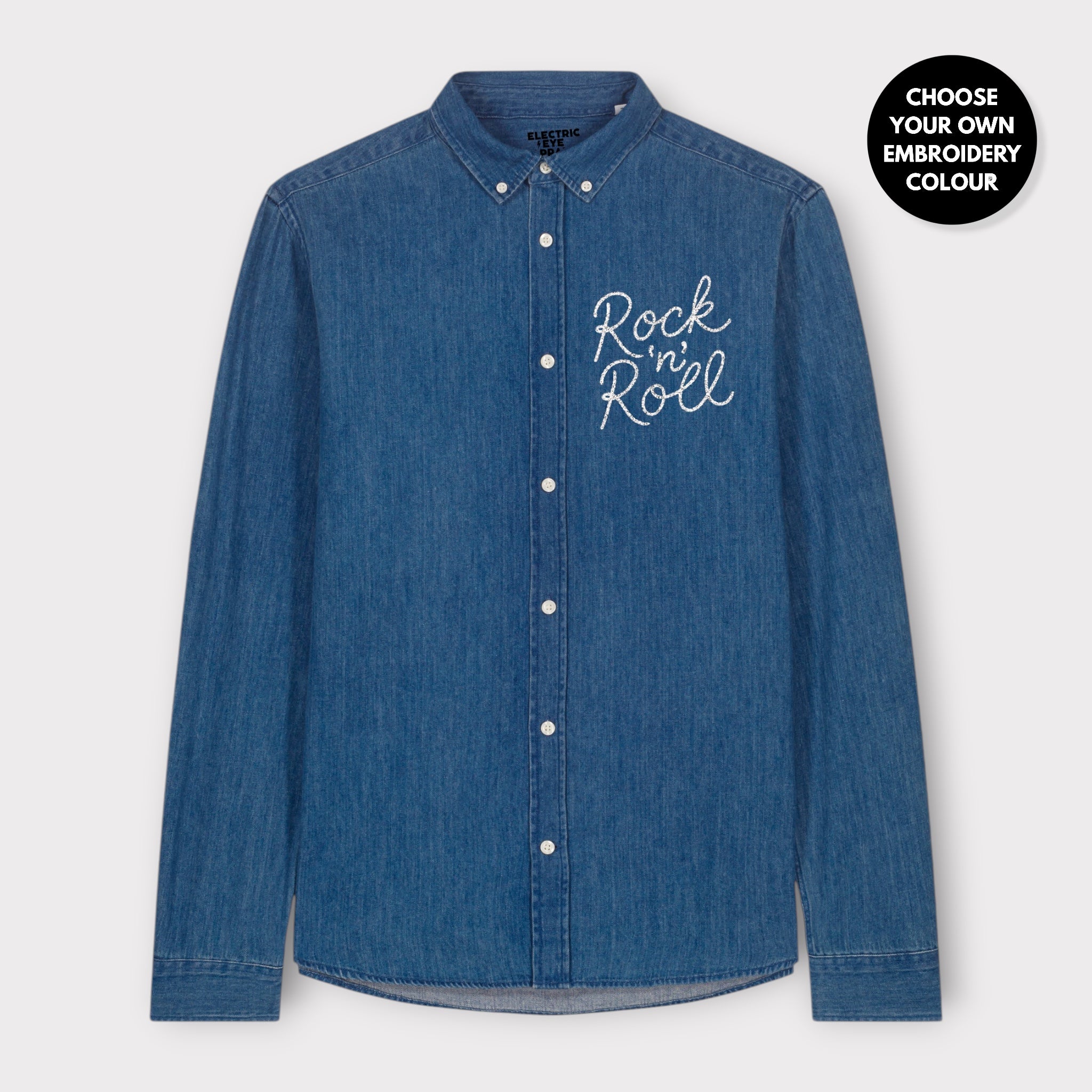 Men's 'ROCK 'N' ROLL' left chest embroidered organic denim shirt