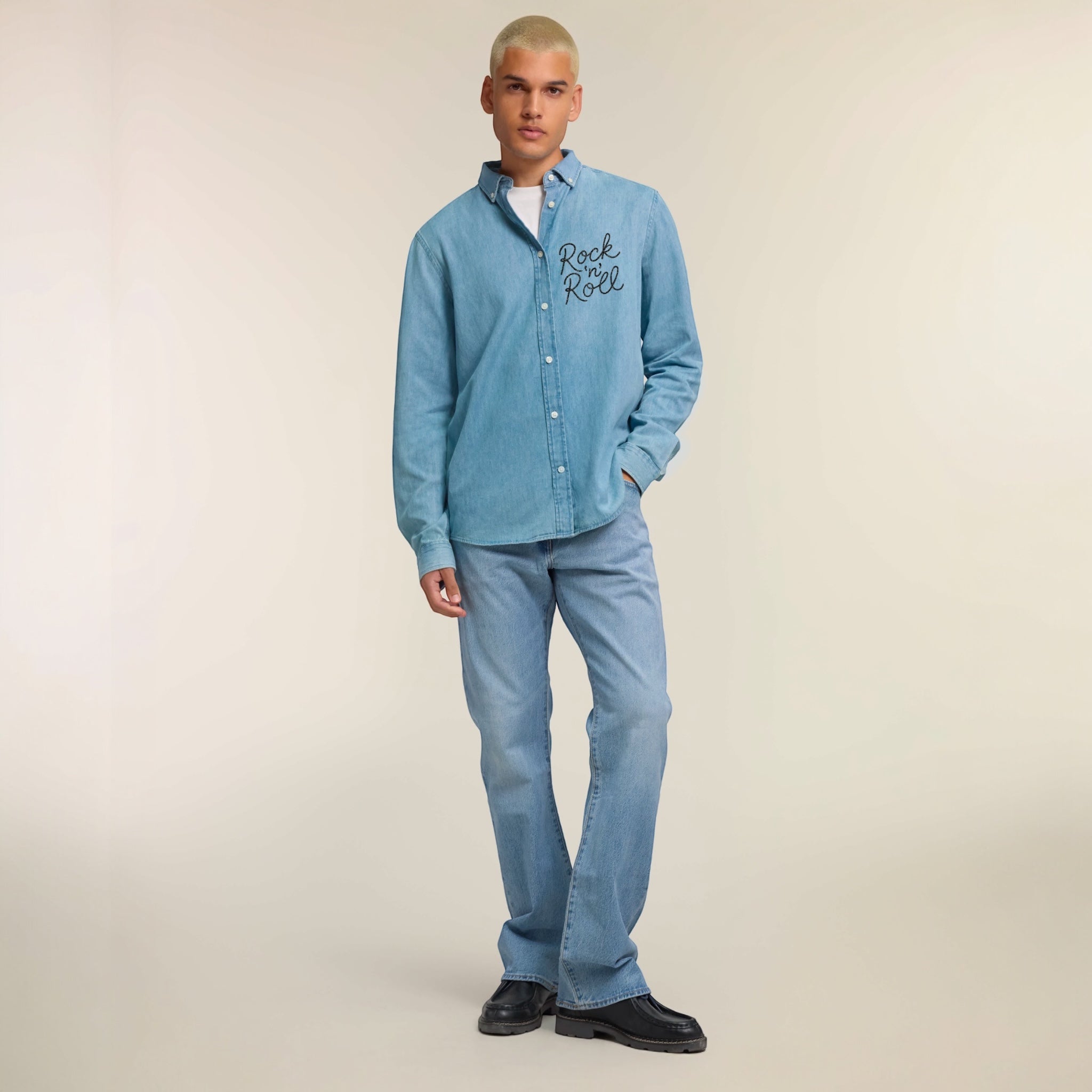 Men's 'ROCK 'N' ROLL' left chest embroidered organic denim shirt