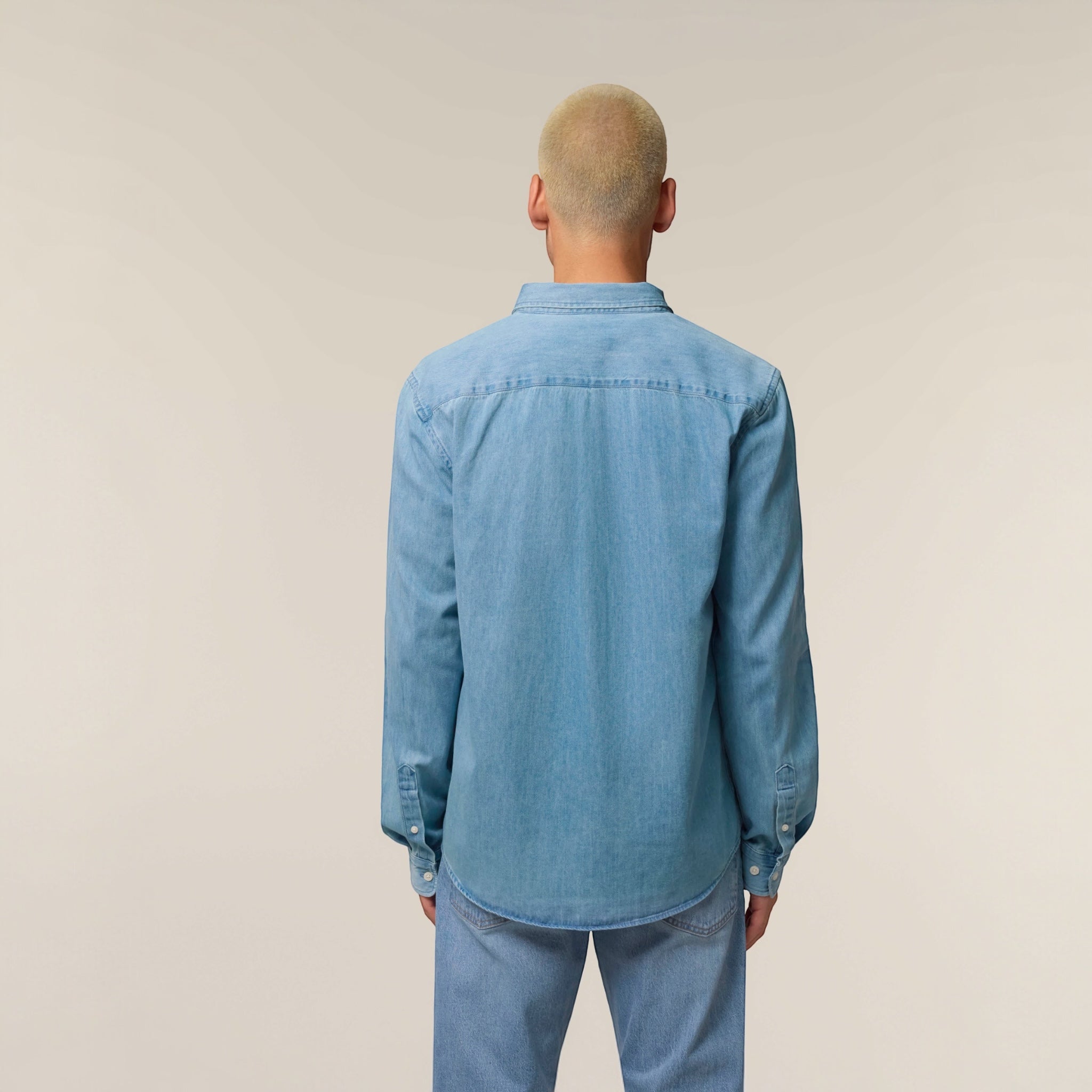Men's 'ROCK 'N' ROLL' left chest embroidered organic denim shirt