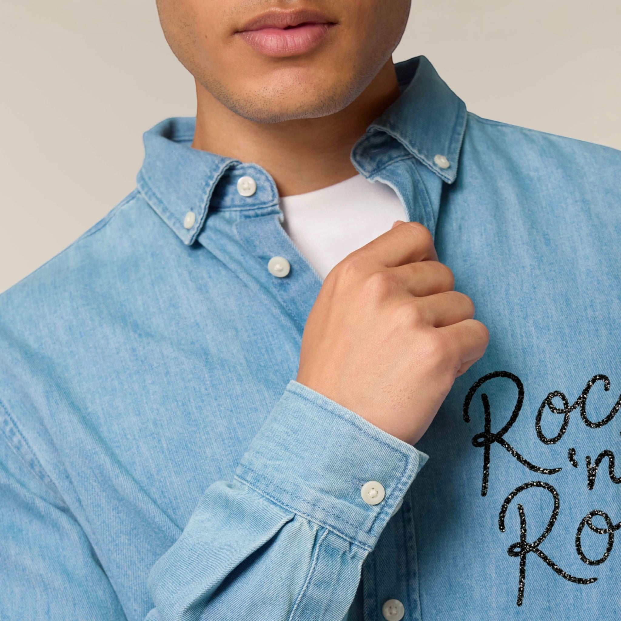 Men's 'ROCK 'N' ROLL' left chest embroidered organic denim shirt
