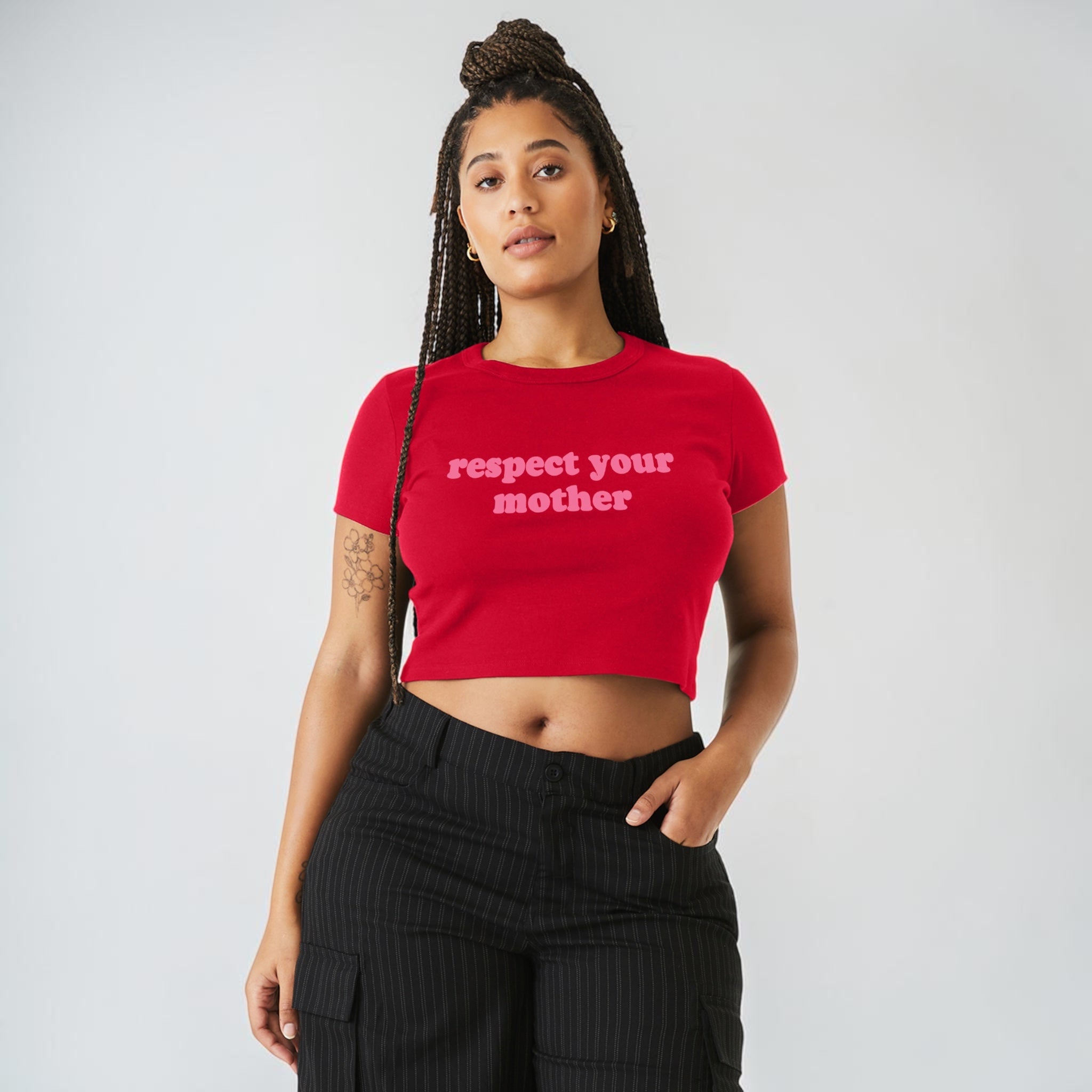 'RESPECT YOUR MOTHER' Embroidered Women's Micro Rib Baby T-shirt