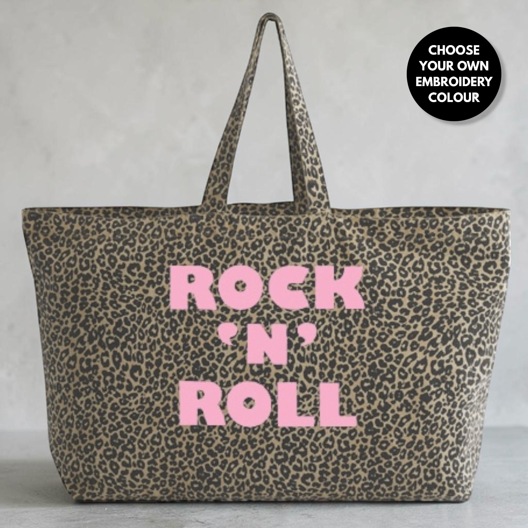 'ROCK 'N' ROLL' embroidered vintage leopard print oversized tote bag - option to monogram