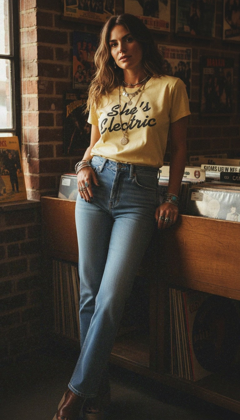 'SHE'S ELECTRIC' retro slogan embroidered premium organic women's classic fit 'Muser' t-shirt - sizes XS-5XL