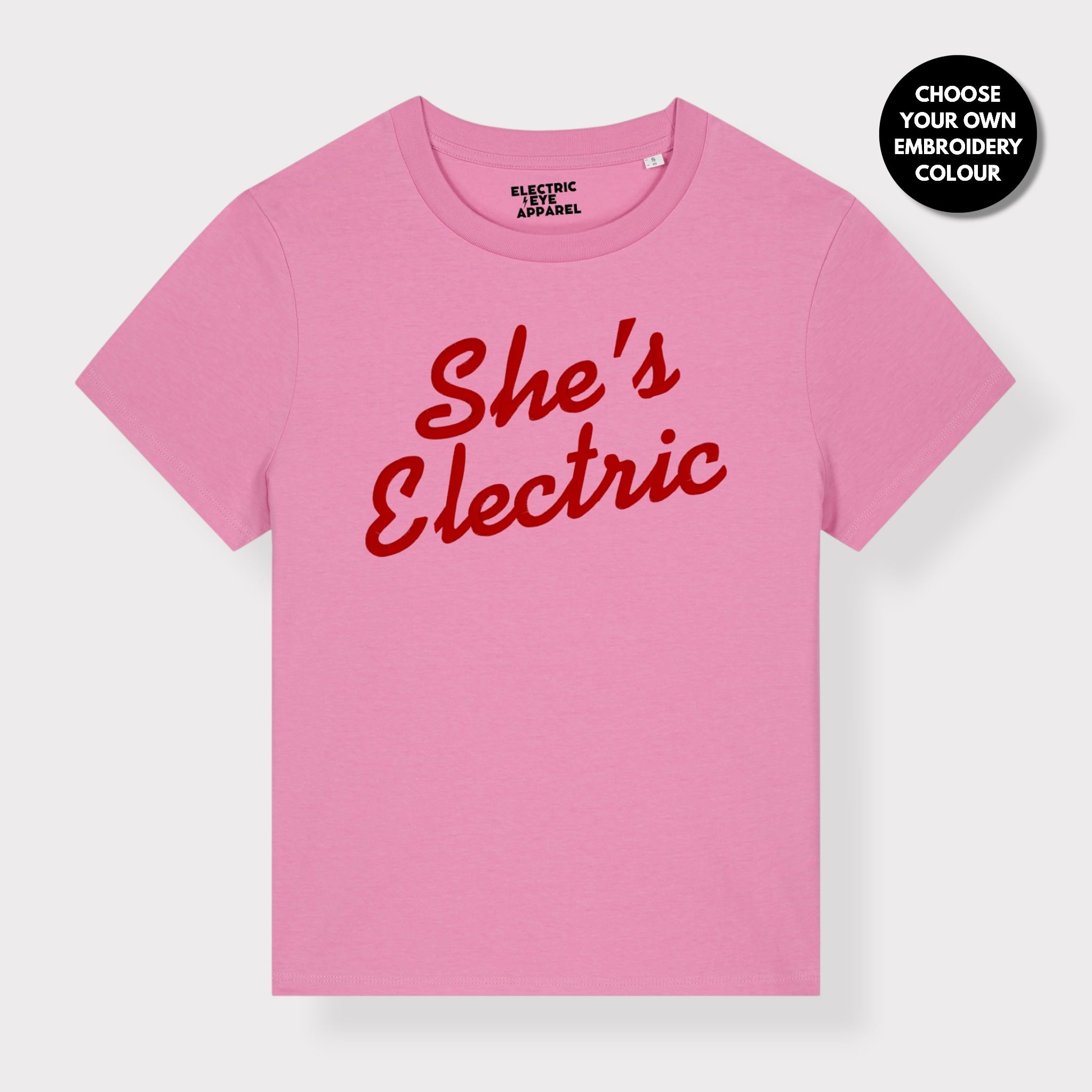 'SHE'S ELECTRIC' retro slogan embroidered premium organic women's classic fit 'Muser' t-shirt - sizes XS-5XL