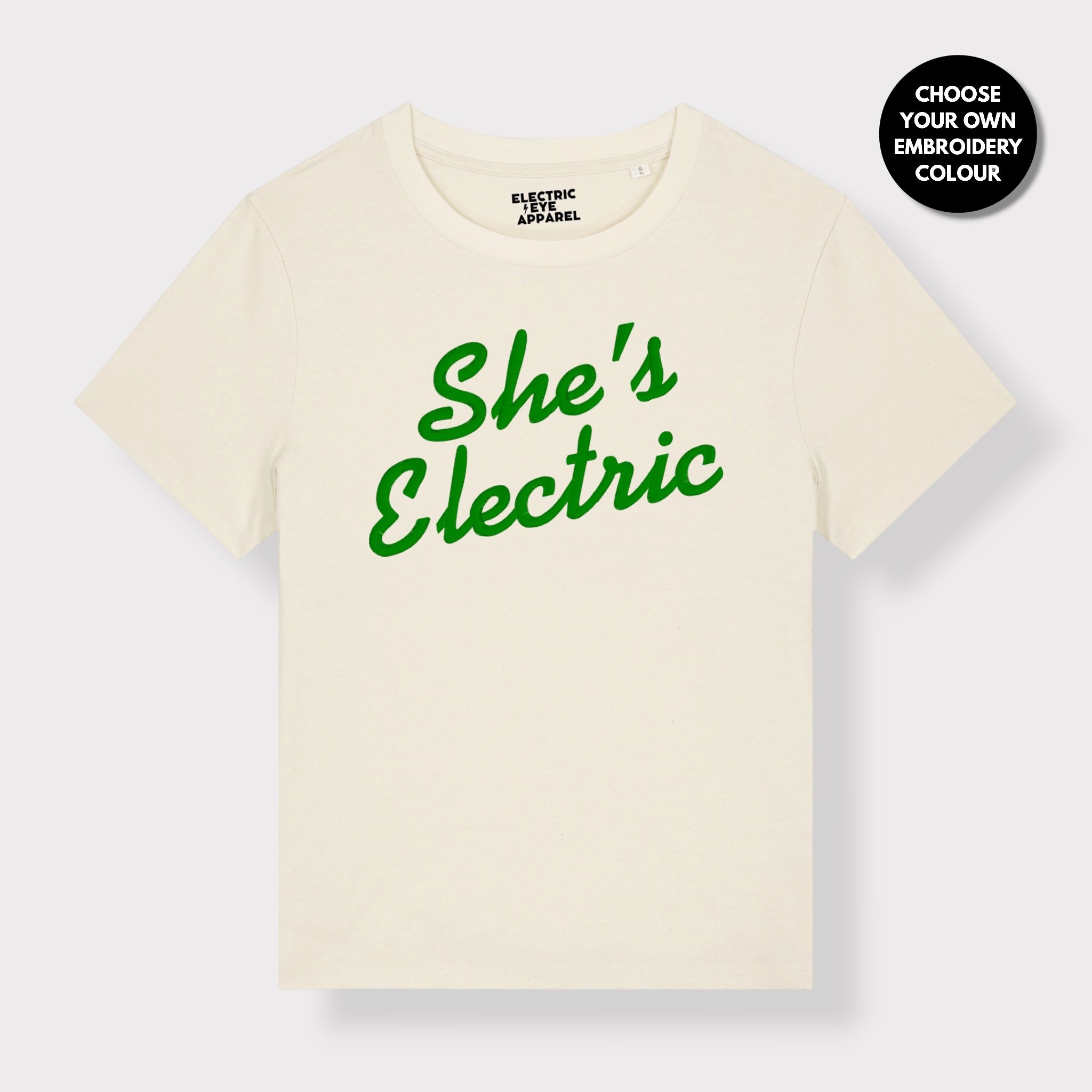 'SHE'S ELECTRIC' retro slogan embroidered premium organic women's classic fit 'Muser' t-shirt - sizes XS-5XL