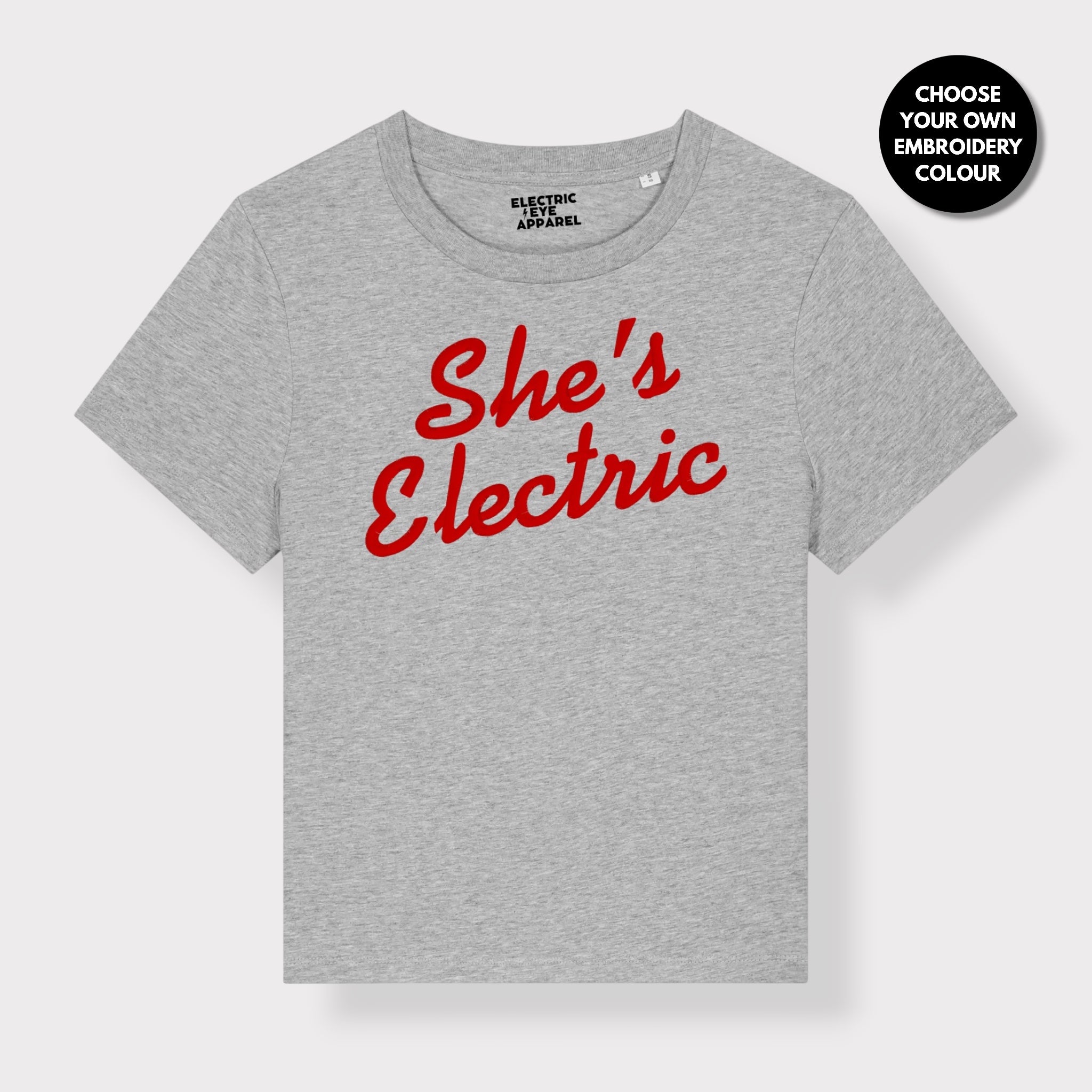 'SHE'S ELECTRIC' retro slogan embroidered premium organic women's classic fit 'Muser' t-shirt - sizes XS-5XL