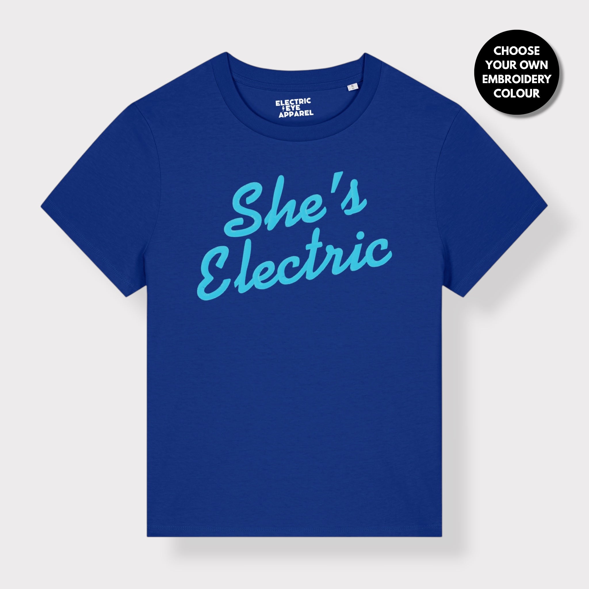 'SHE'S ELECTRIC' retro slogan embroidered premium organic women's classic fit 'Muser' t-shirt - sizes XS-5XL