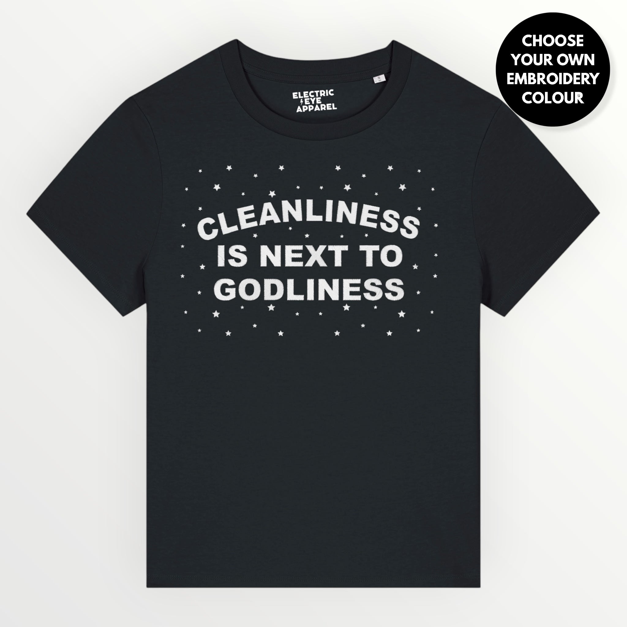 'CLEANLINESS IS NEXT TO GODLINESS' grungy embroidered premium organic women's classic fit 'Muser' t-shirt - sizes XS-5XL