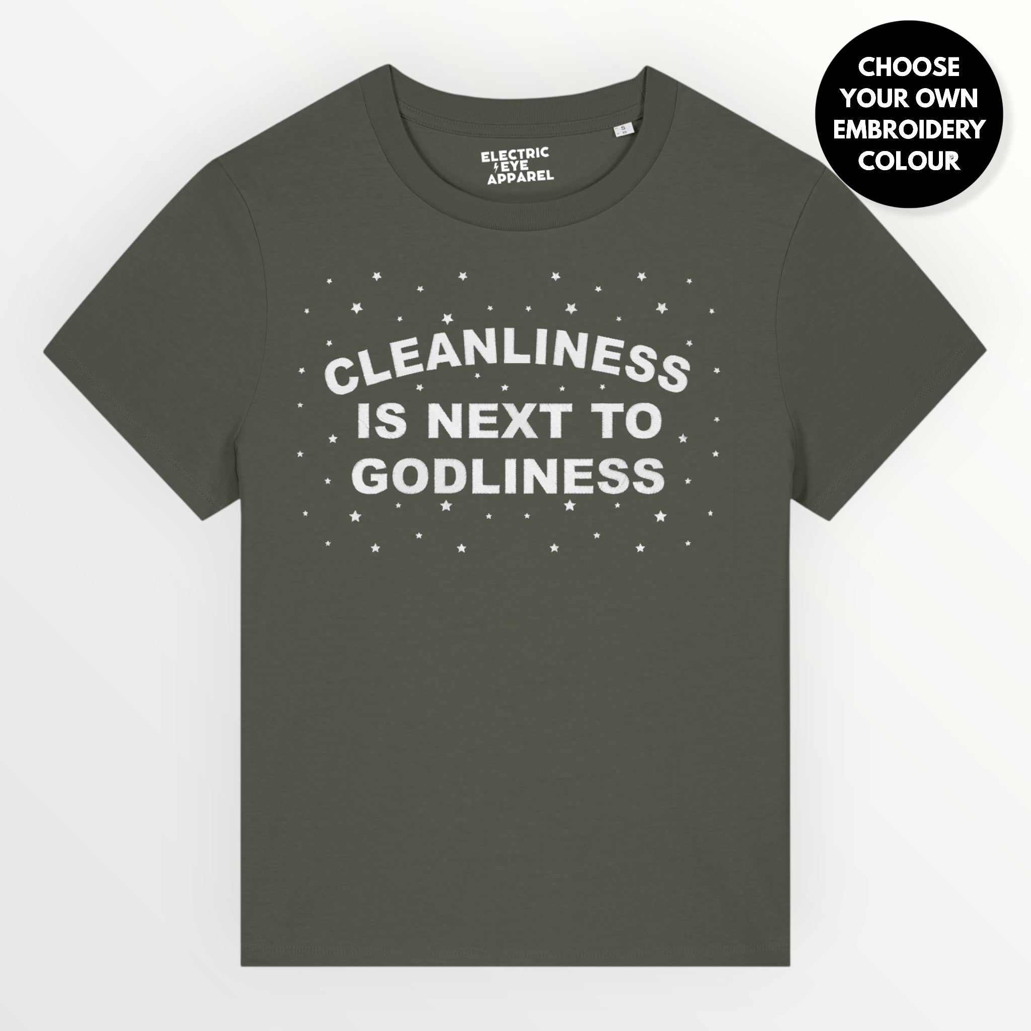 'CLEANLINESS IS NEXT TO GODLINESS' grungy embroidered premium organic women's classic fit 'Muser' t-shirt - sizes XS-5XL