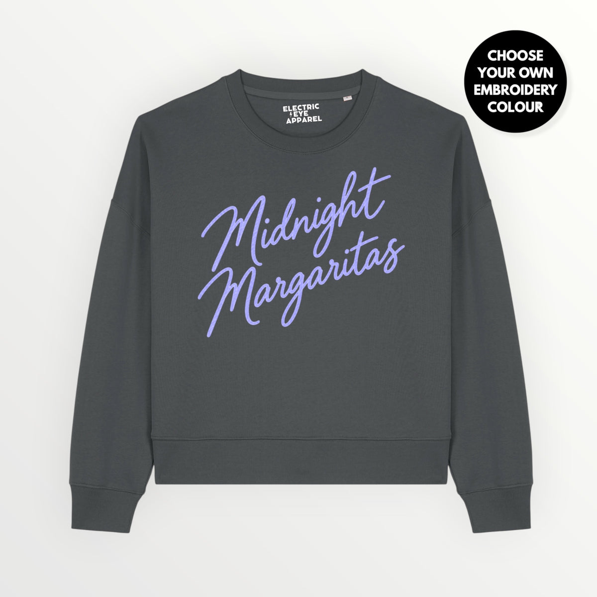 'Midnight Margaritas' embroidered organic women's dropped shoulder 'Alma' sweatshirt - choose your own embroidery colour