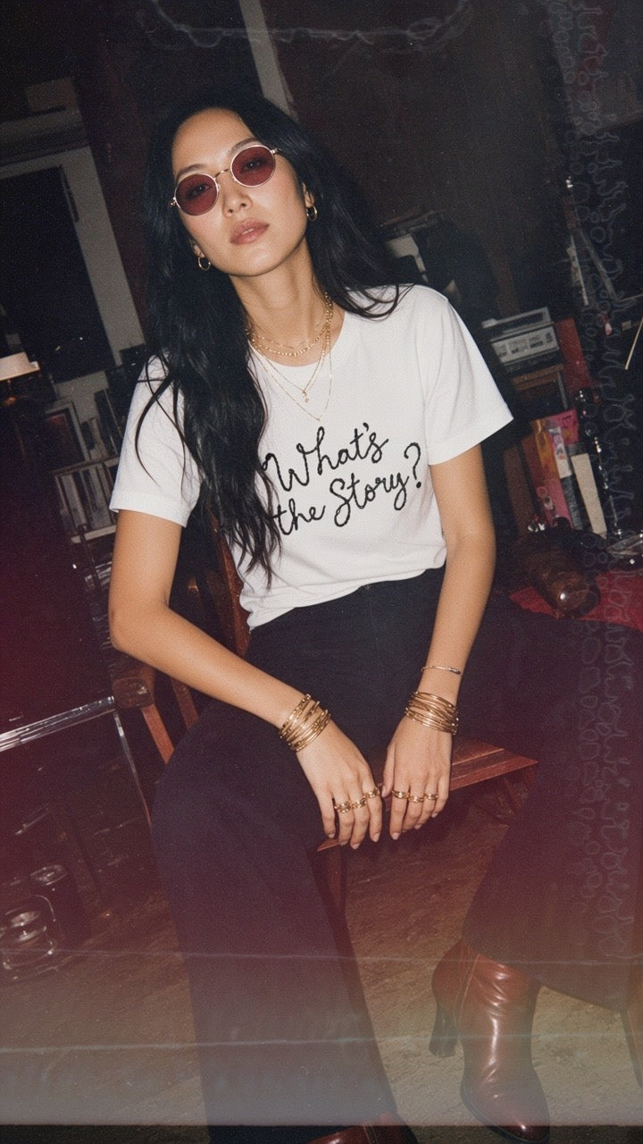 'What's the Story?' embroidered premium organic women's classic fit 'Muser' t-shirt - sizes XS-5XL