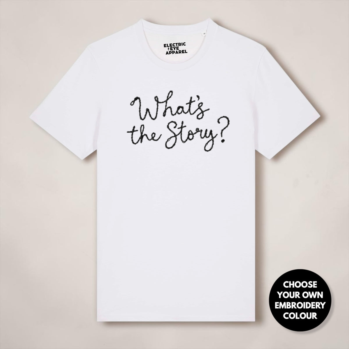 'What's the Story?' embroidered premium organic men's 'Rocker' t-shirt - sizes XXS-5XL