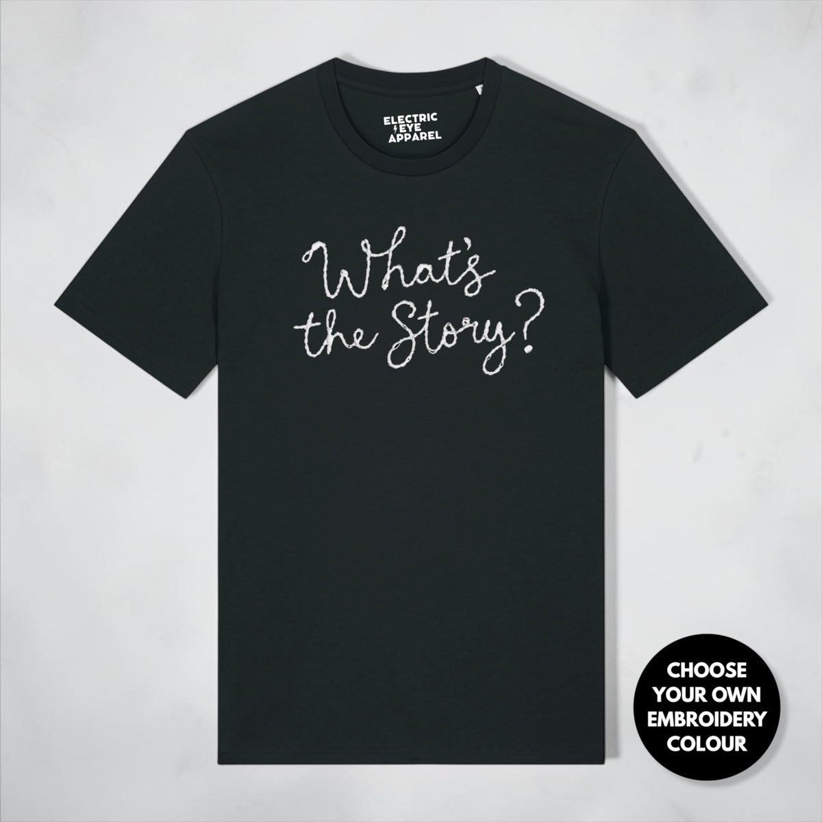'What's the Story?' embroidered premium organic men's 'Rocker' t-shirt - sizes XXS-5XL