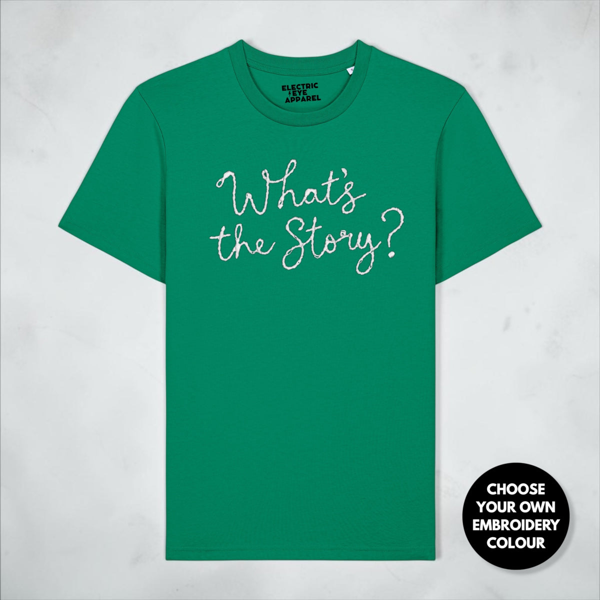 'What's the Story?' embroidered premium organic men's 'Rocker' t-shirt - sizes XXS-5XL